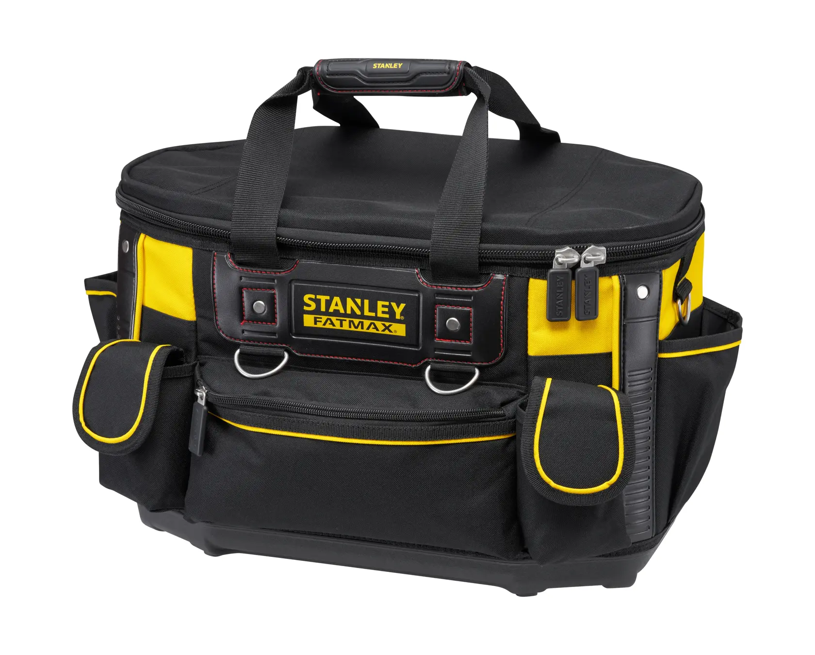 STANLEY FMST1-70749 tool bag in black and yellow, front angle, multiple pockets, zippered compartments.