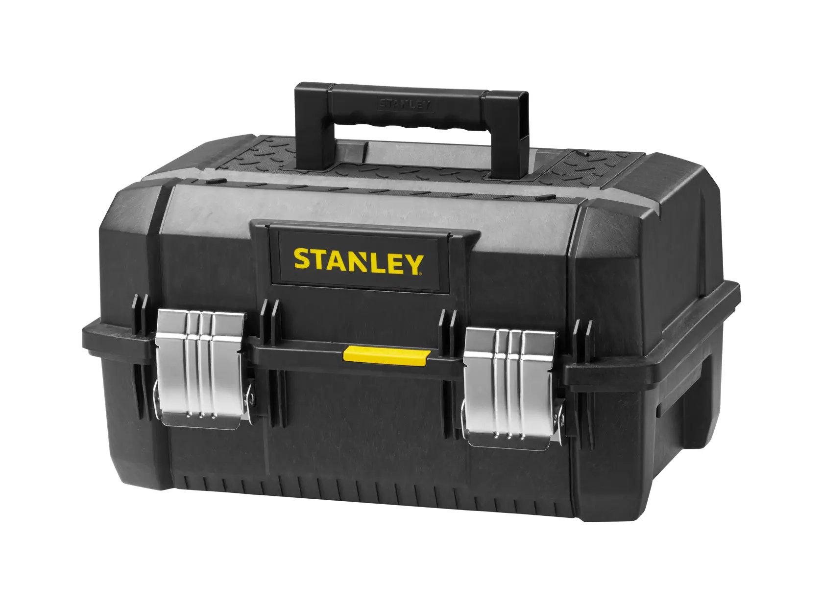 STANLEY FMST1-71219 black plastic tool box with metal latches, front angle on white background.
