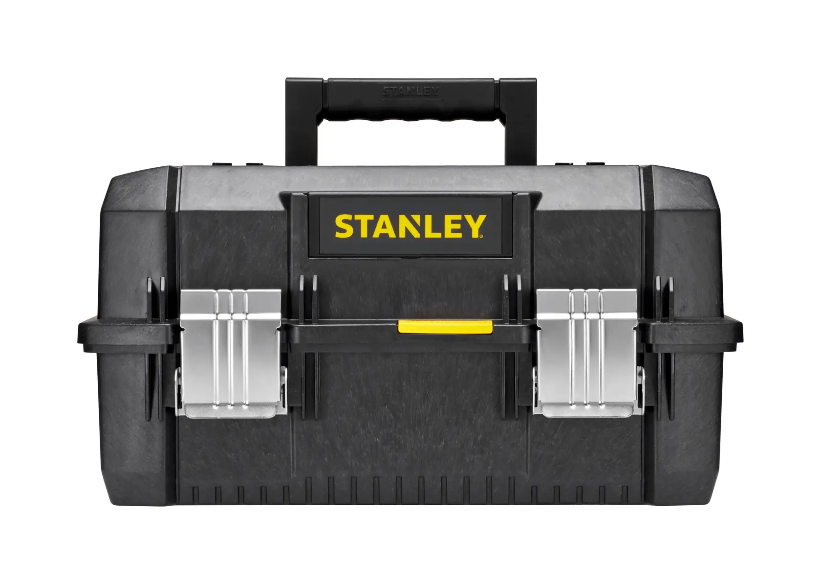 STANLEY FATMAX FMST1-71219 black toolbox with metal latches, front view on white background.