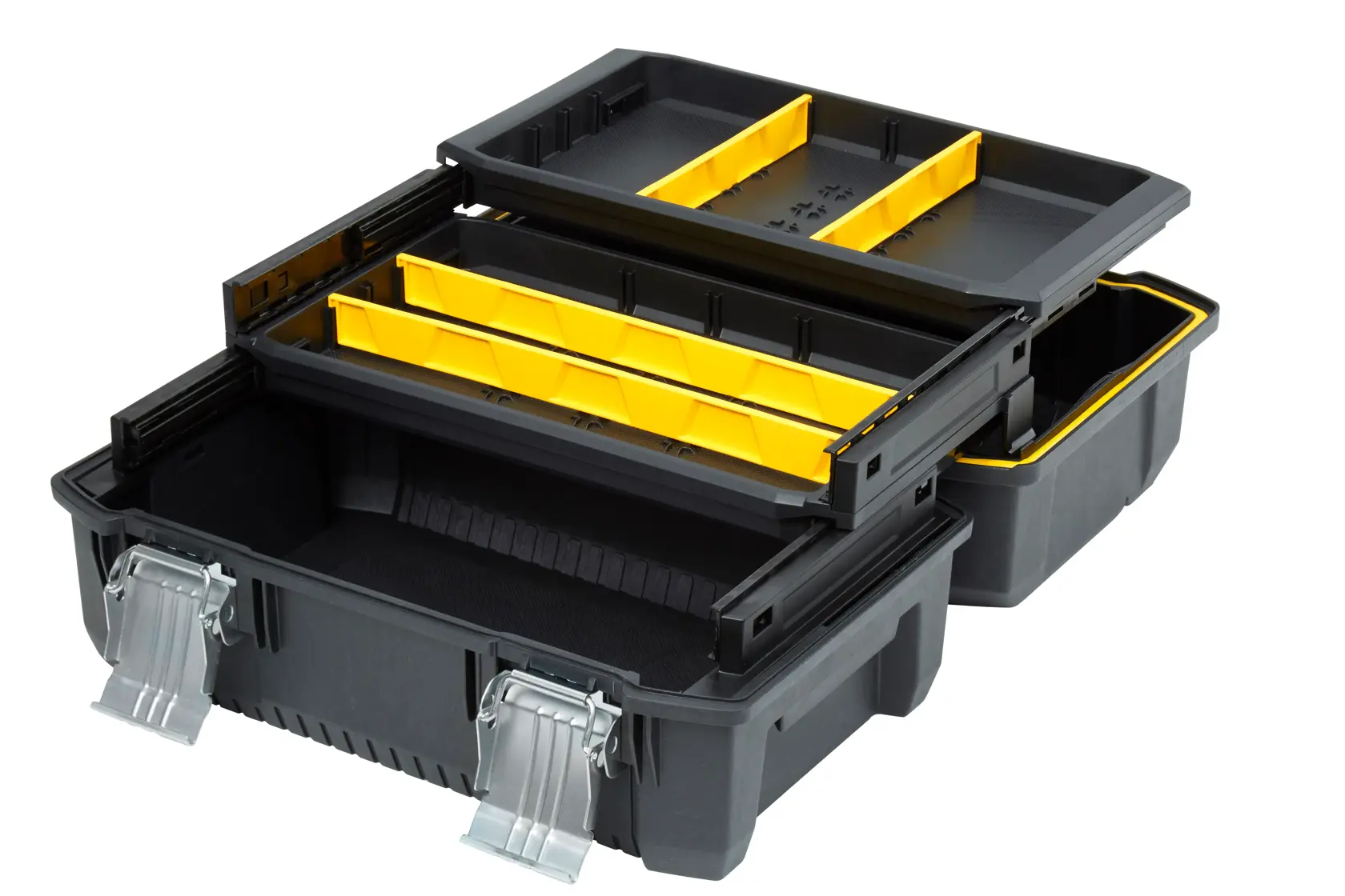 Stanley black tool box with yellow dividers and metal latches, opened to show multiple organizer compartments.