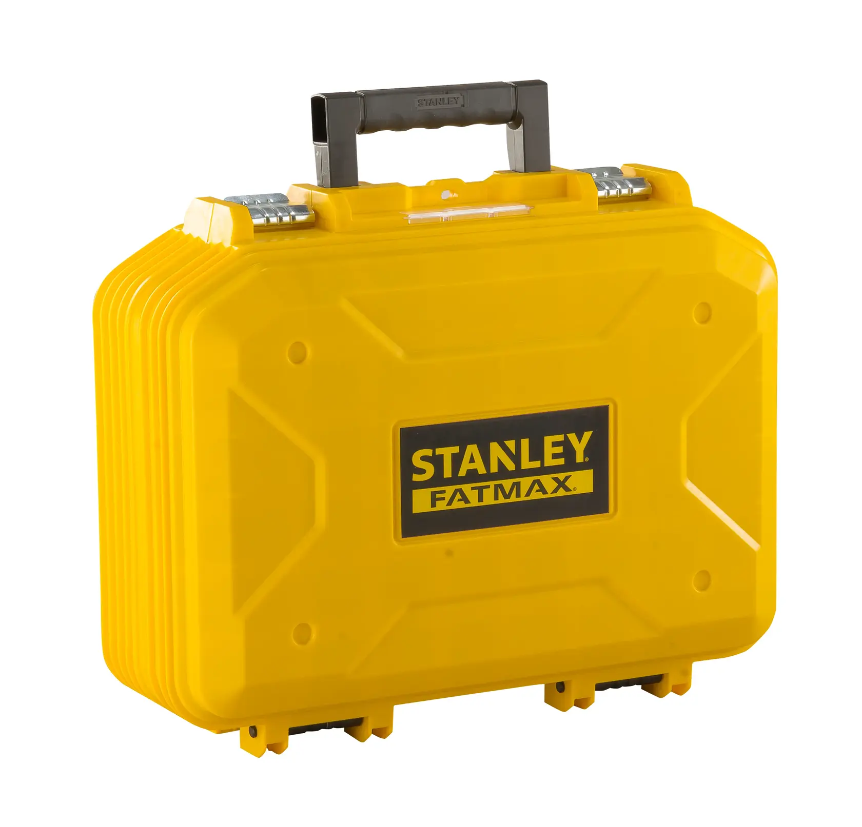 STANLEY FMST1-71943 yellow hard tool case, front angle, with handle and metal latches.