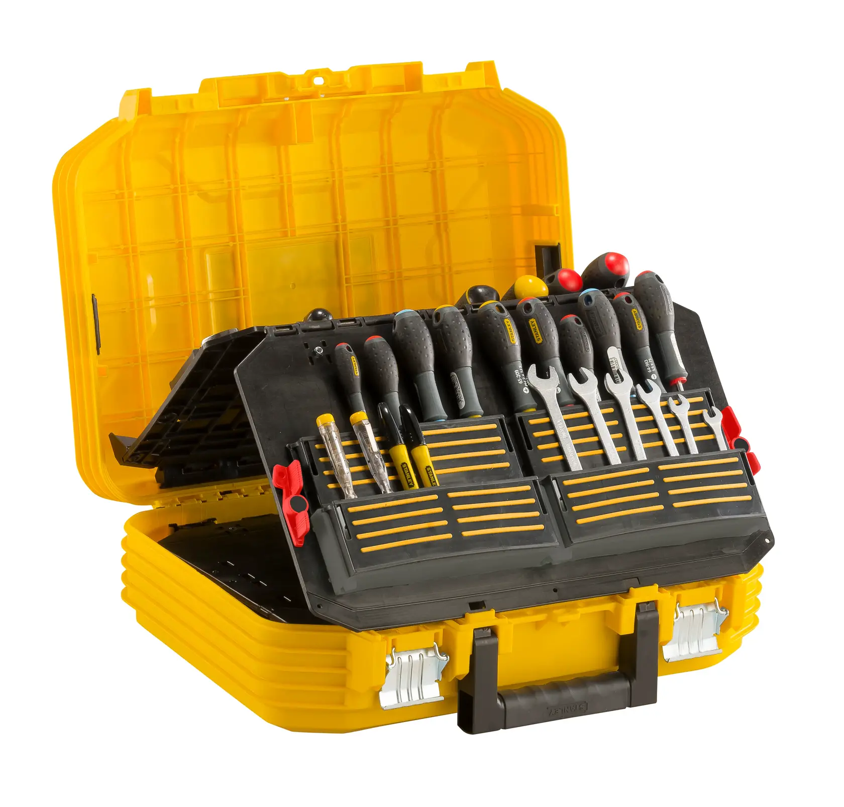 STANLEY FMST1-71943 tool case with organized screwdrivers and wrenches, open front angle on white background.
