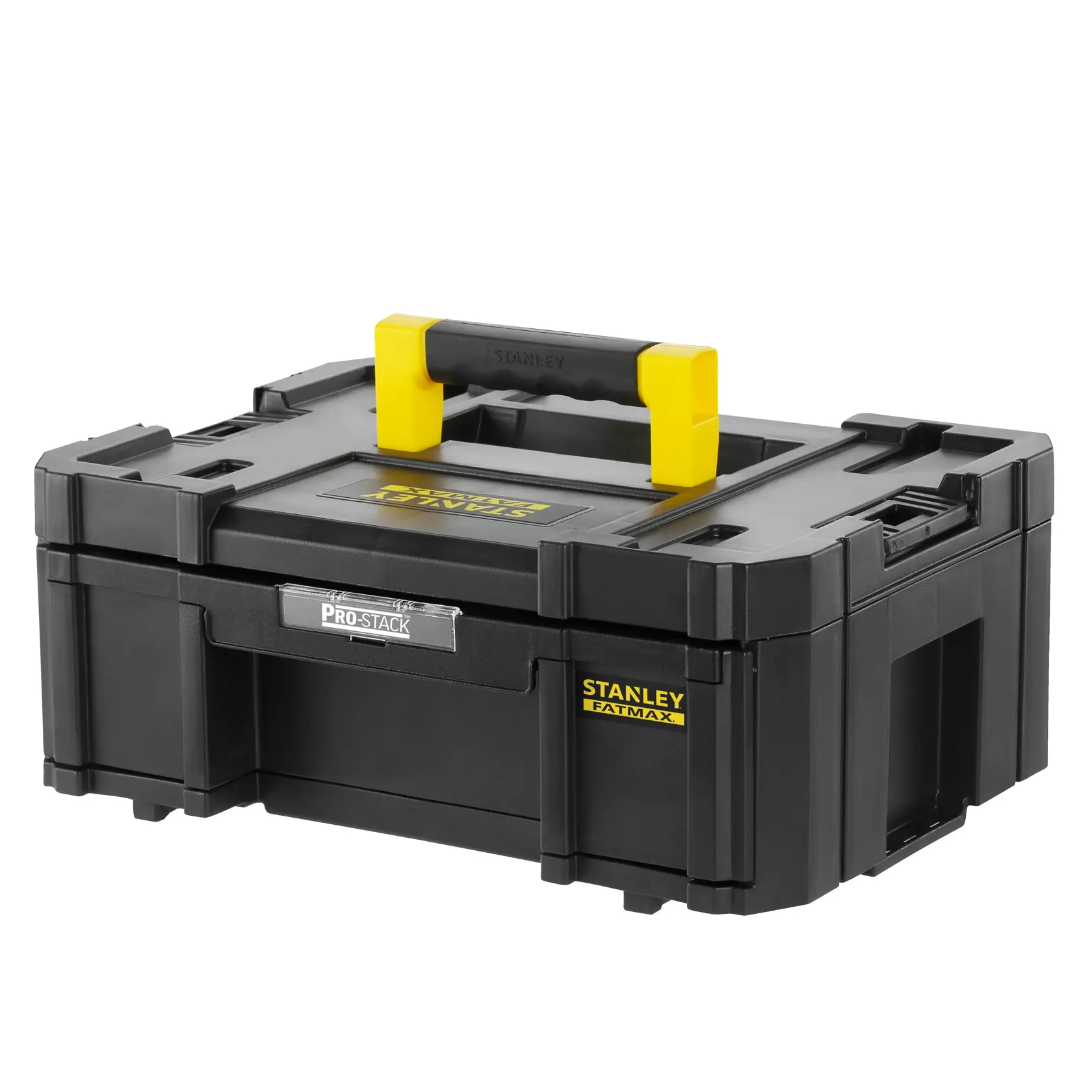 STANLEY FMST1-71968 tool box, black with yellow handle, PRO-STACK, angled view, photo on white background.