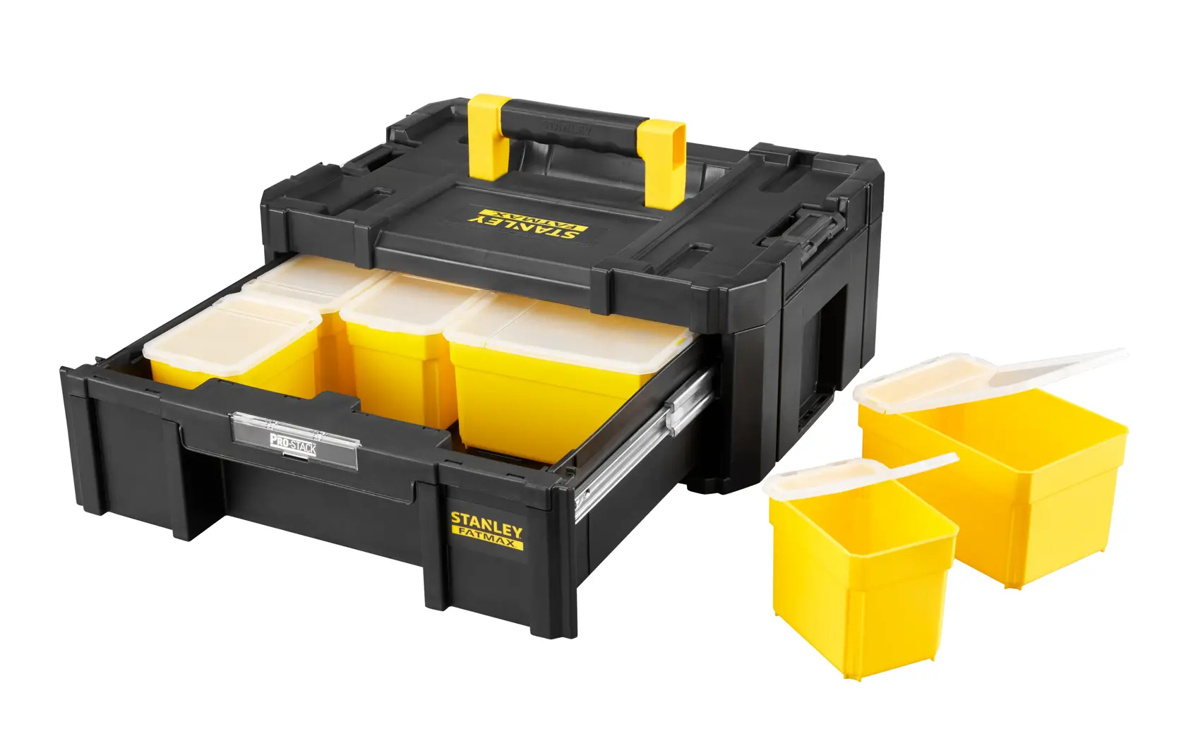 Photo of STANLEY FMST1-71968 black toolbox with yellow bins, front drawer open, white background.