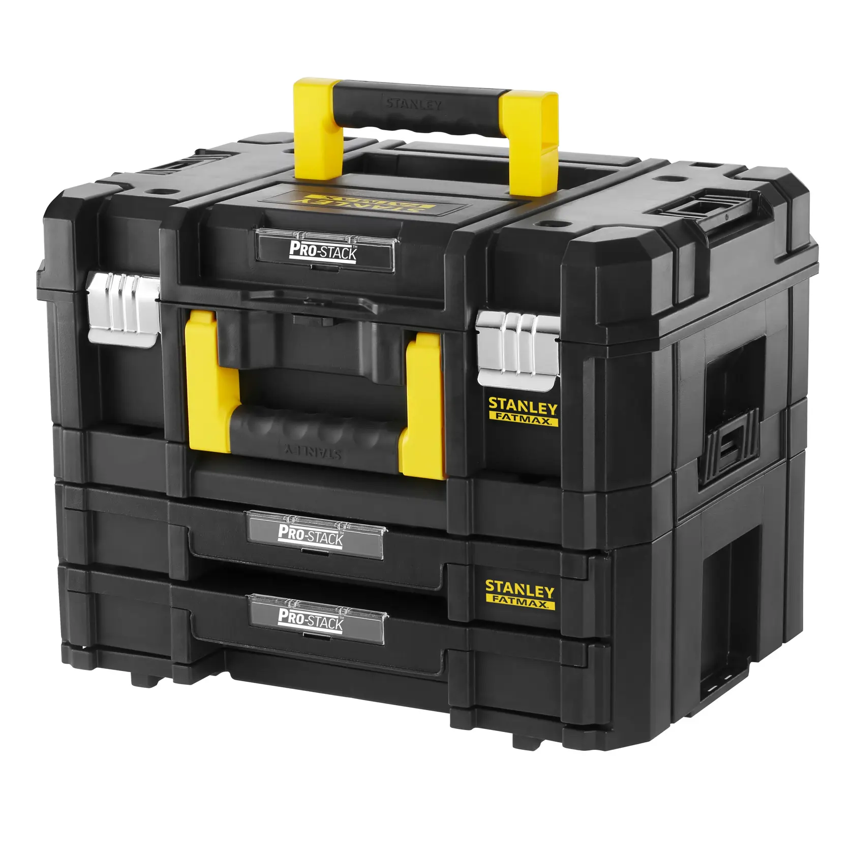 STANLEY FMST1-71981 stackable black tool box with yellow handle and drawers, front angle photo.