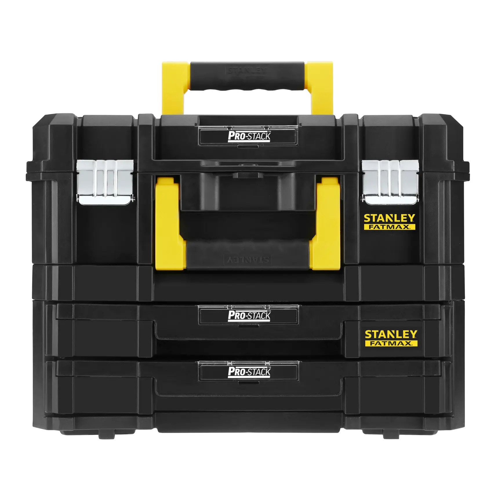 STANLEY FMST1-71981 black and yellow PRO-STACK FATMAX tool box with two drawers, front view.