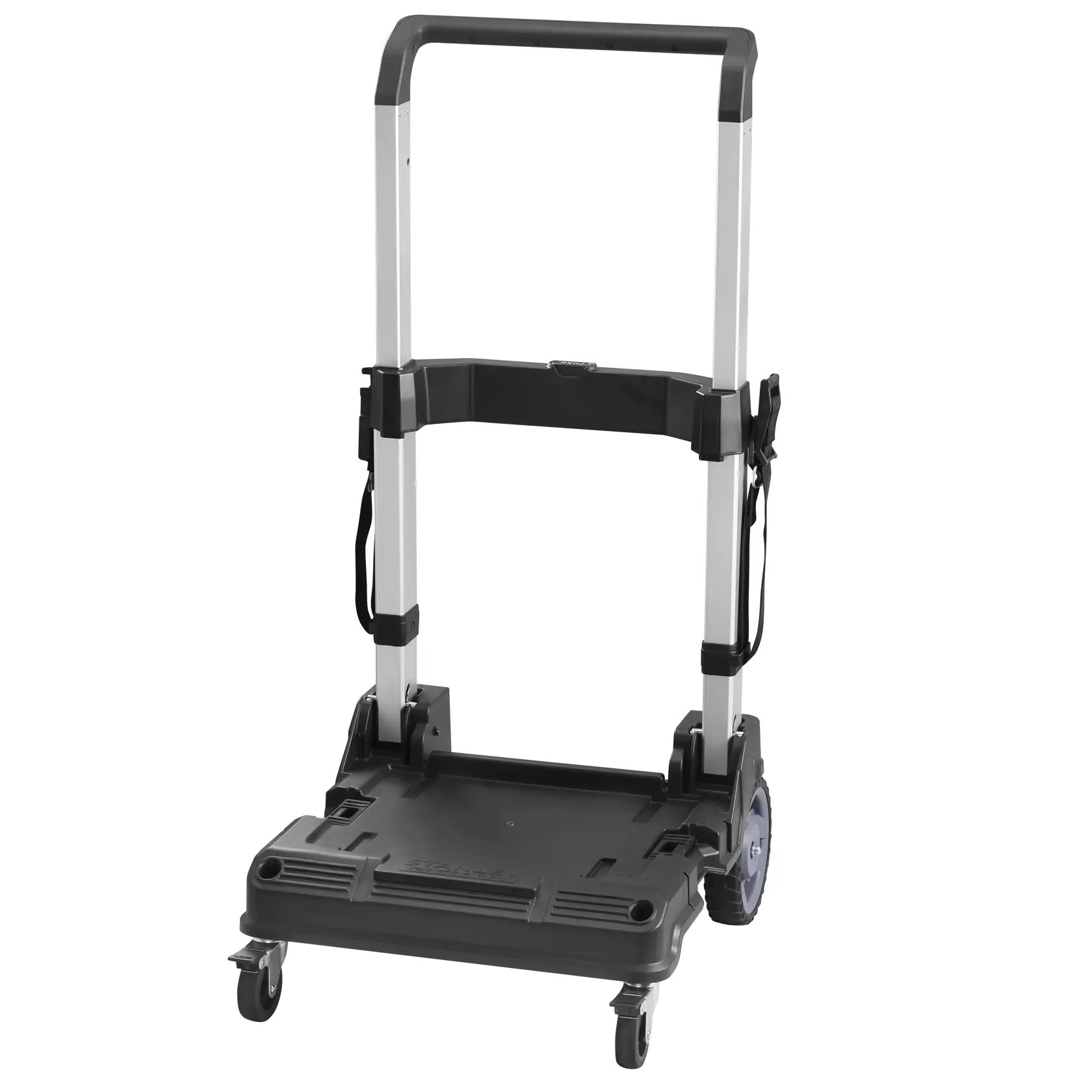 Photo of STANLEY FMST1-72363 folding hand truck with black and silver frame, upright on white background.