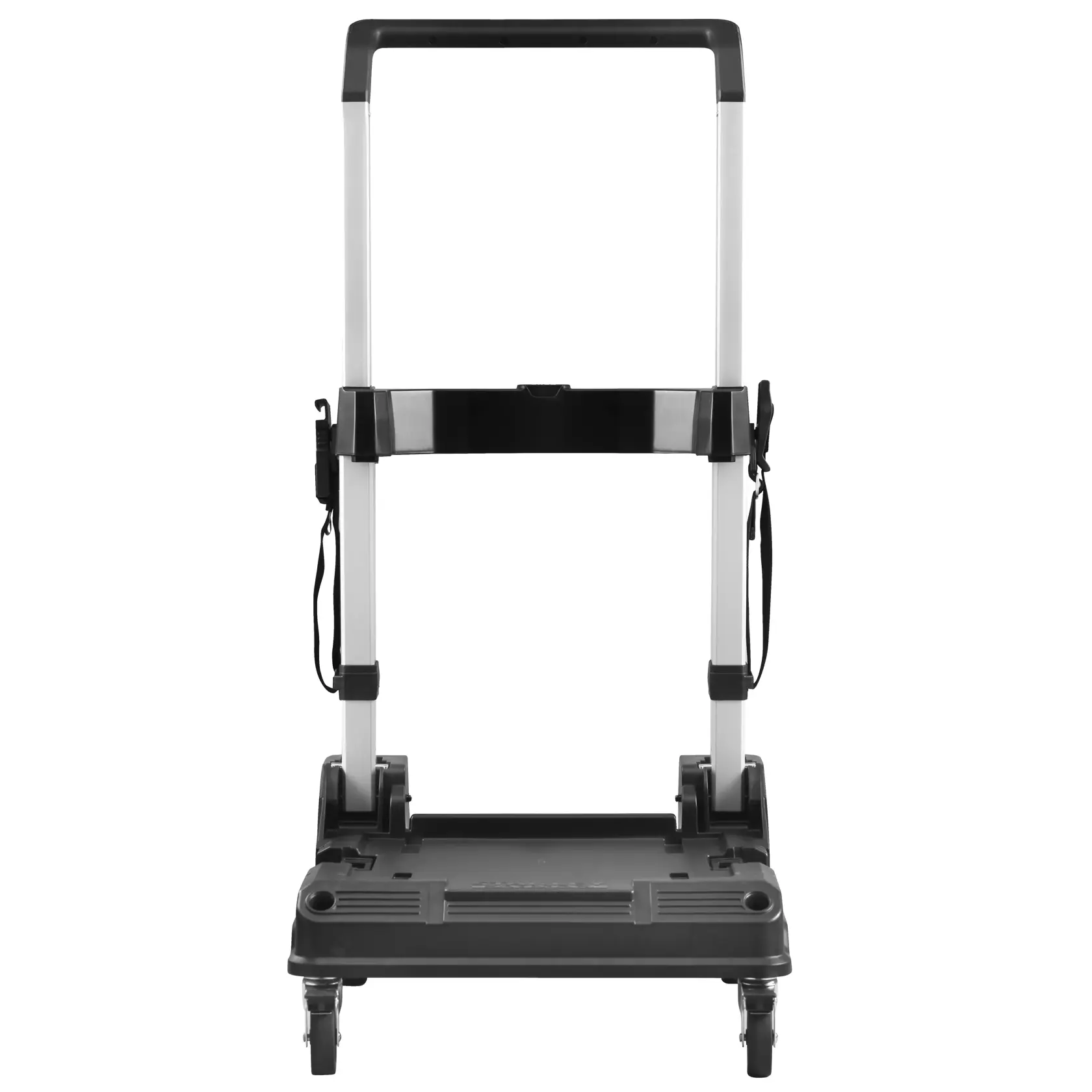 Photo of STANLEY FMST1-72363 folding hand truck, black and silver, front view, on white background.