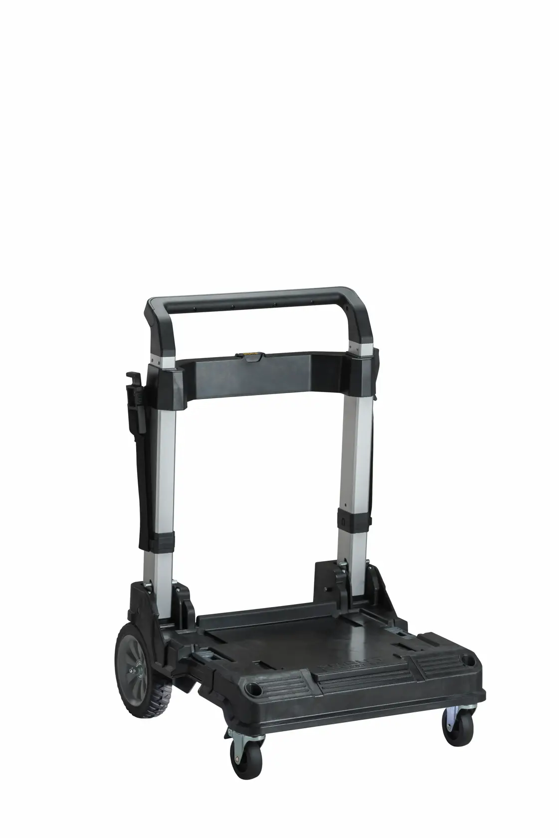 STANLEY FMST1-72363 folding black and silver trolley cart, front angle on white background.