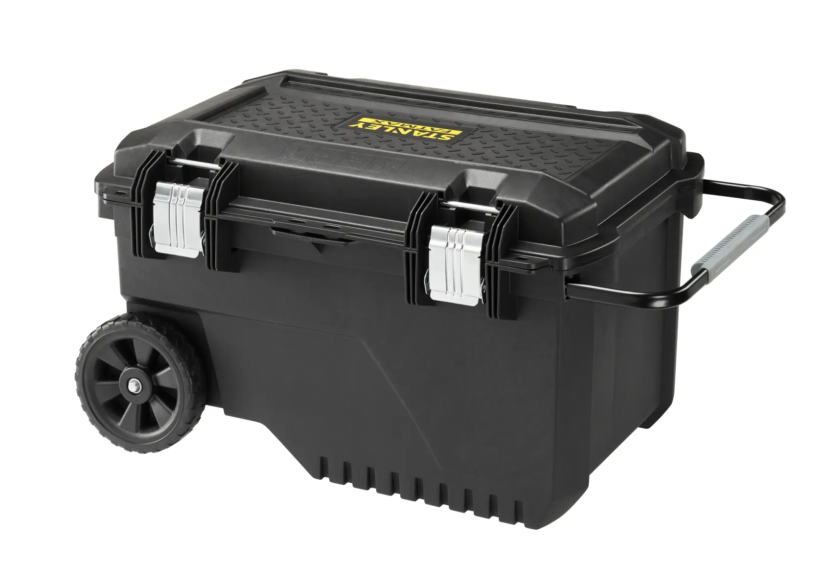 STANLEY FMST1-73601 black wheeled toolbox with metal handle, side angle, white background.
