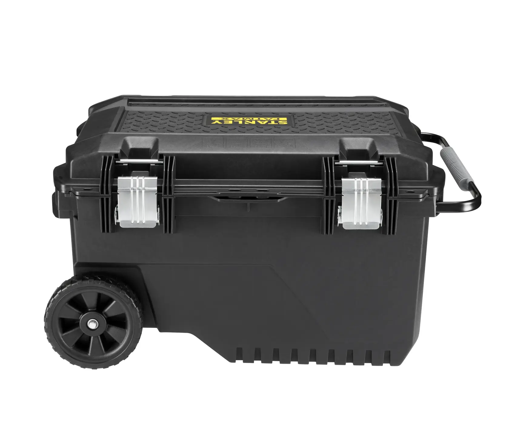 STANLEY FMST1-73601 rolling black toolbox with metal latches, side handle, front angle, white background.