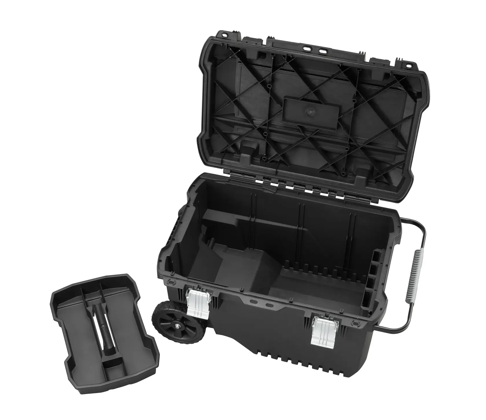 STANLEY FMST1-73601 black wheeled toolbox with open lid and removable tray, angled on white background.