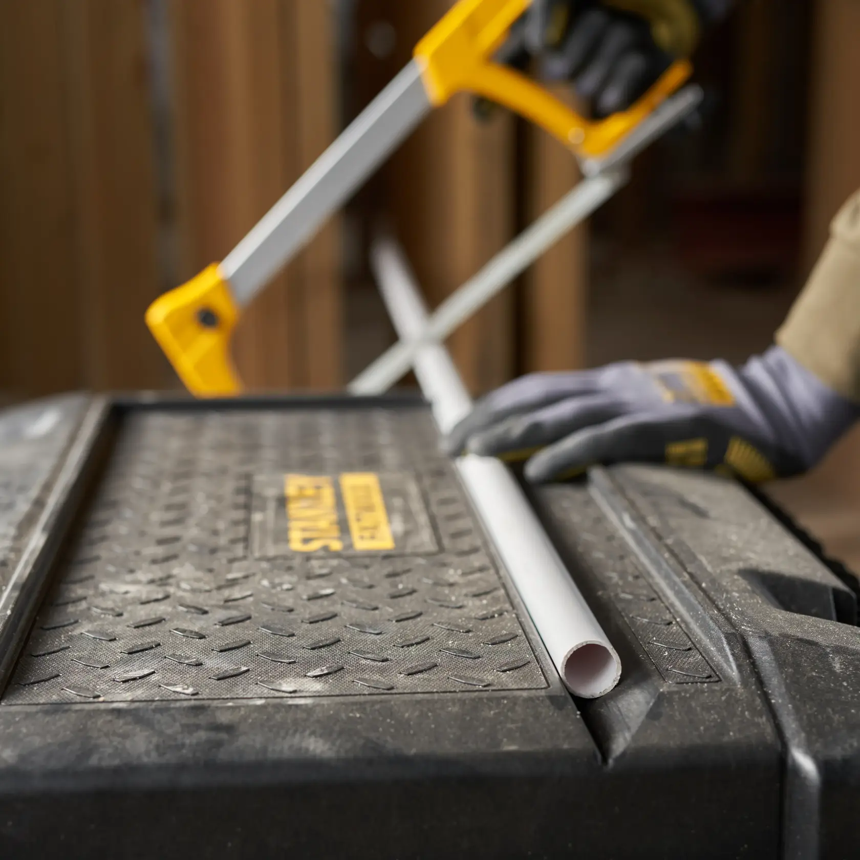 STANLEY FMST1-73601 toolbox used as a work surface with gloved hand and hacksaw cutting a white pipe.