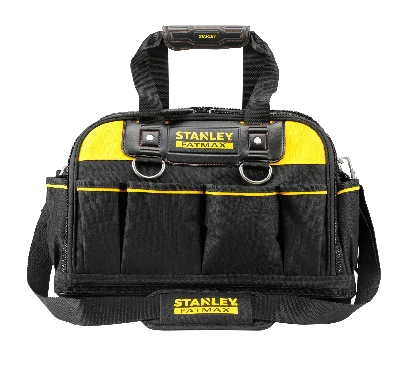 STANLEY FMST1-73607 tool bag, black and yellow fabric, front angle, multiple exterior pockets, shoulder strap.