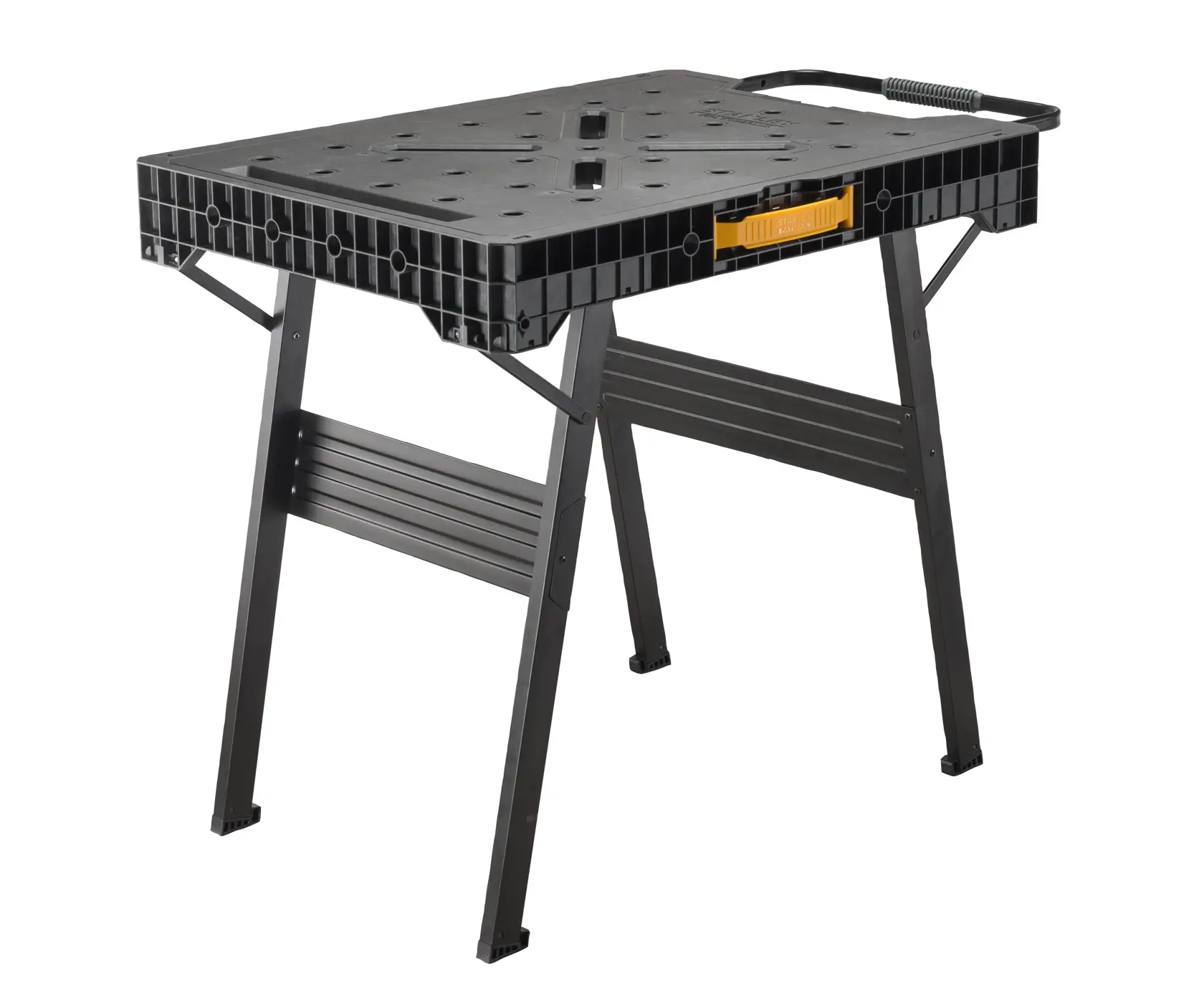 Black foldable workbench with a handle and yellow accent, suitable for photography or workshop use.