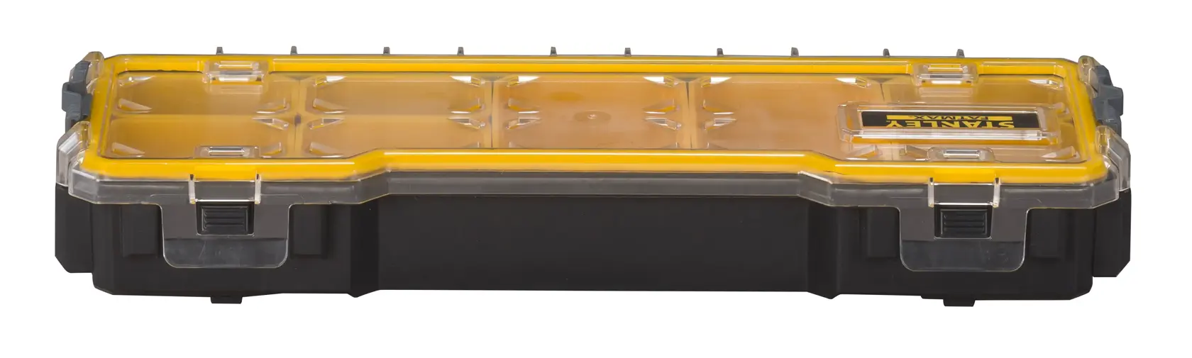 STANLEY FMST1-75781 shallow black and yellow organizer with transparent lid, front view, photography.