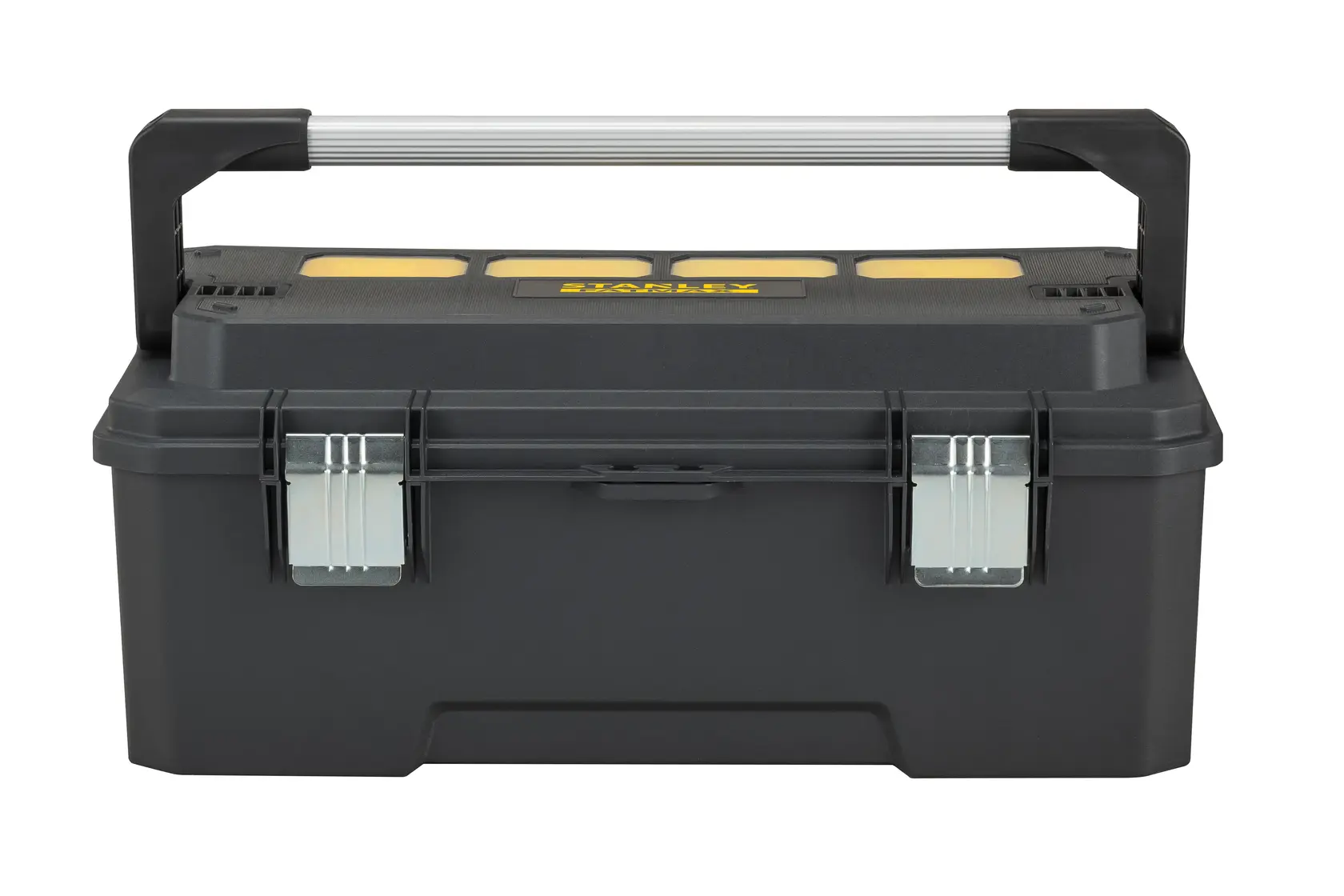 STANLEY FMST1-75791 black toolbox with metal latches and wide aluminum handle, front view on white.