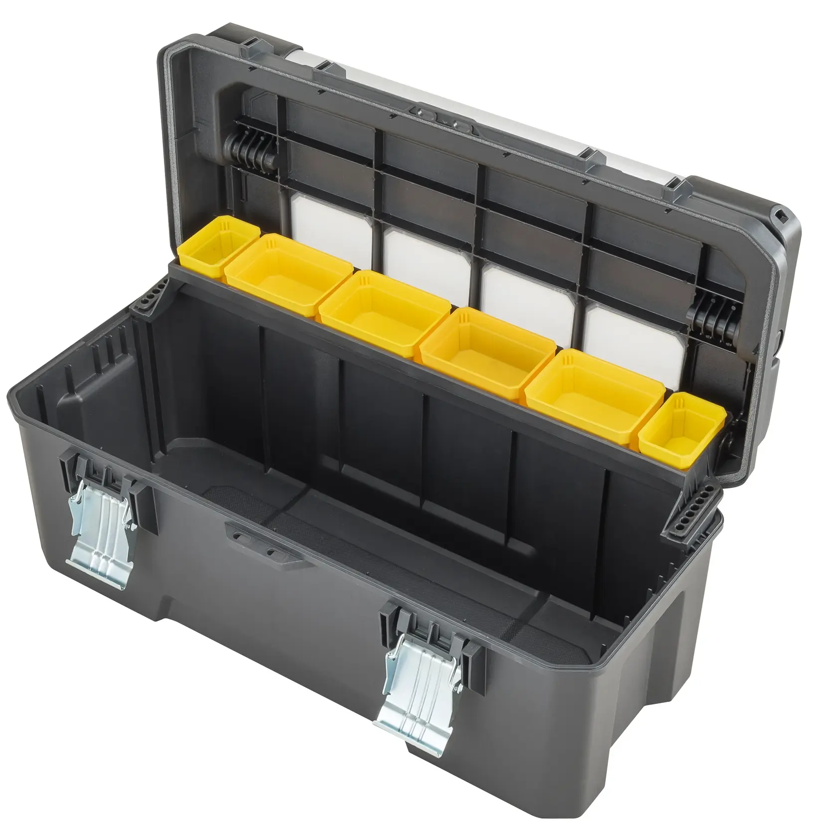 STANLEY FMST1-75791 toolbox with open lid, showing yellow compartments and metal latches, front angle.