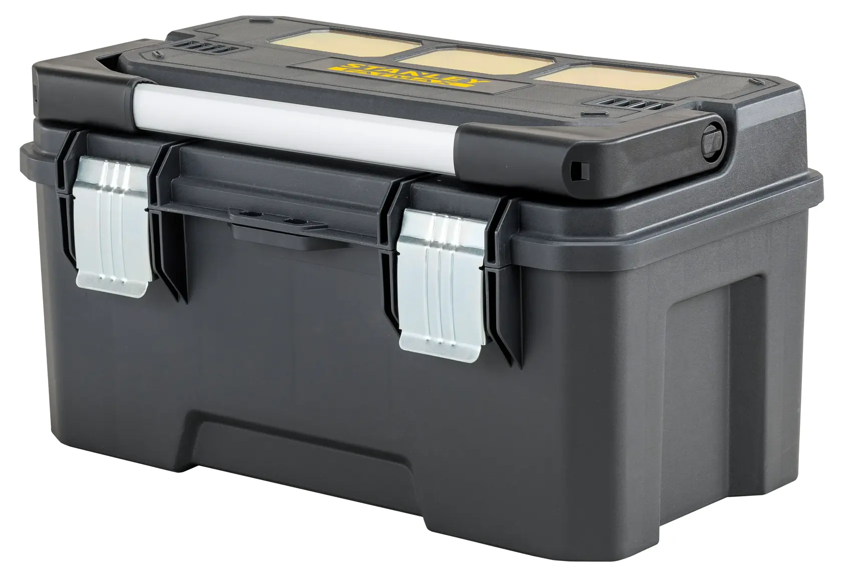 STANLEY FMST1-75792 black toolbox with metal latches and transparent compartments, front angle photo.