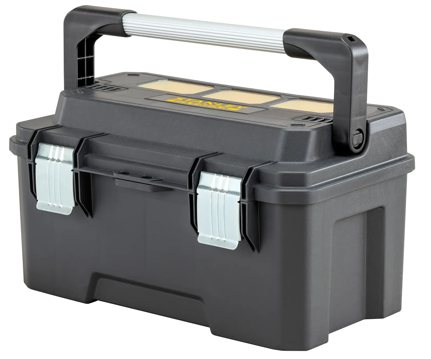 STANLEY FMST1-75792 toolbox with metal latches and black plastic body, photographed at an angle on white background.