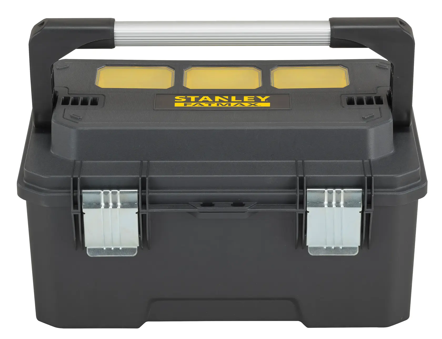 STANLEY FMST1-75792 black tool box with silver handle, yellow compartments, front studio angle.