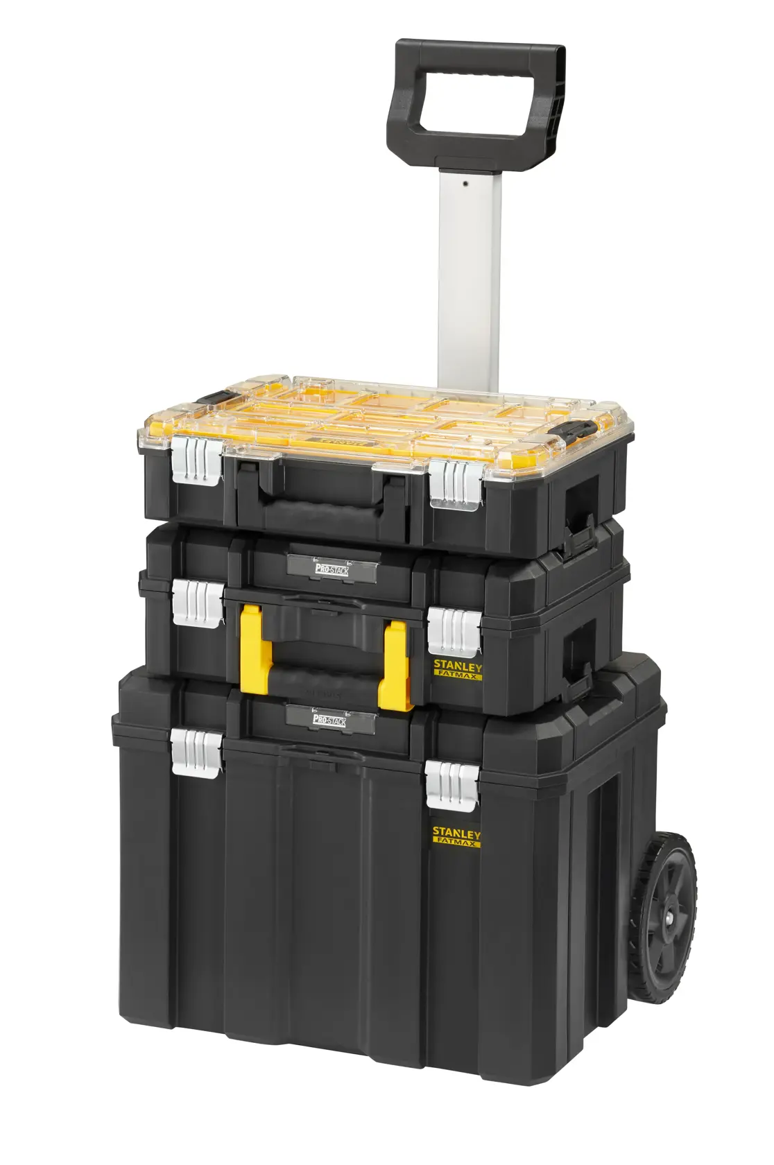 STANLEY FMST1-80101 black rolling toolbox stack with three compartments, clear lid, and extendable handle, front angle.