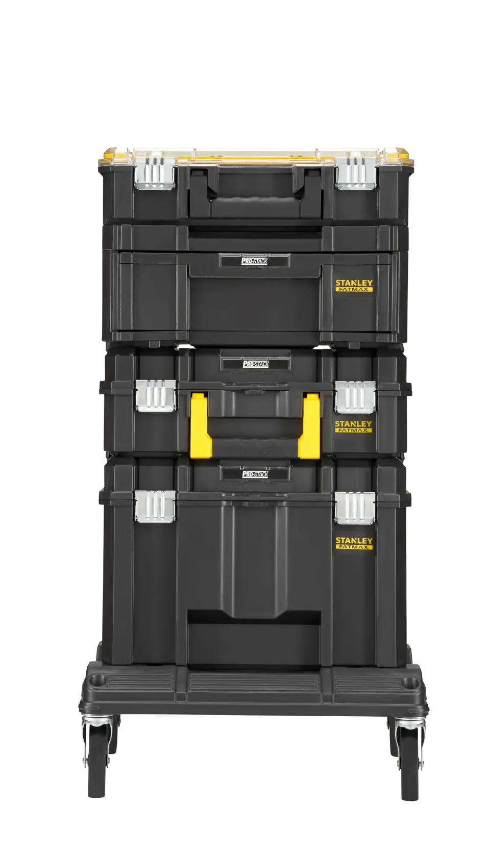 STANLEY FMST1-80107 photography of stackable black toolboxes with yellow highlights, front view on white.