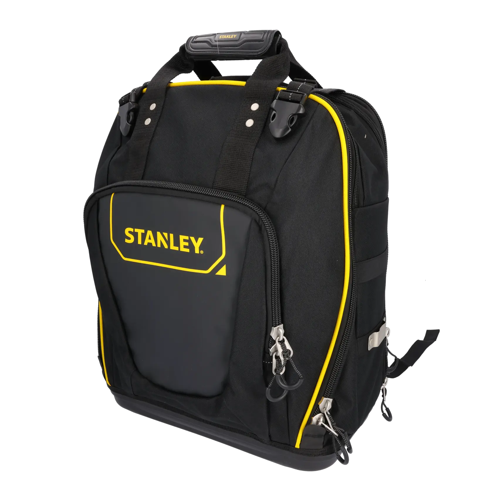 STANLEY FMST1-80144 black and yellow tool backpack, front angle, zippered pockets, sturdy handle.