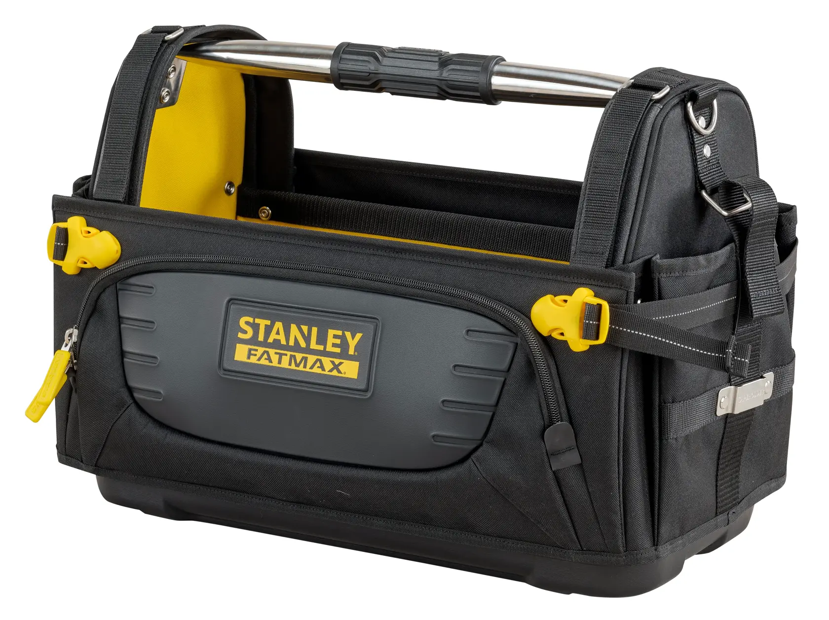 STANLEY FMST1-80146 black and yellow open tool bag with metal handle, front zip pocket, side straps, and hard base, angled view.