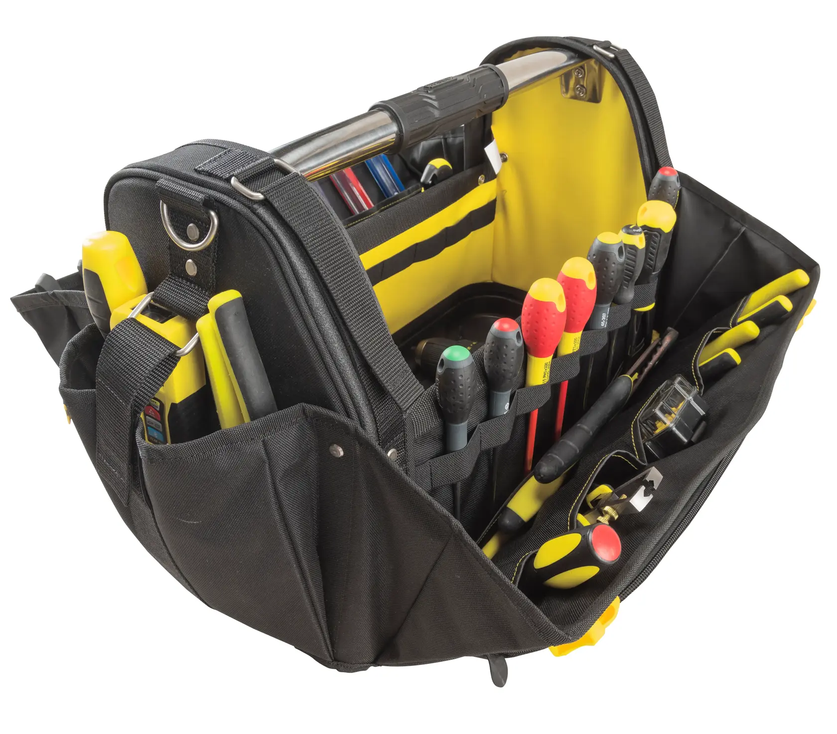 STANLEY FMST1-80146 tool bag filled with assorted hand tools, front angle, black and yellow design.