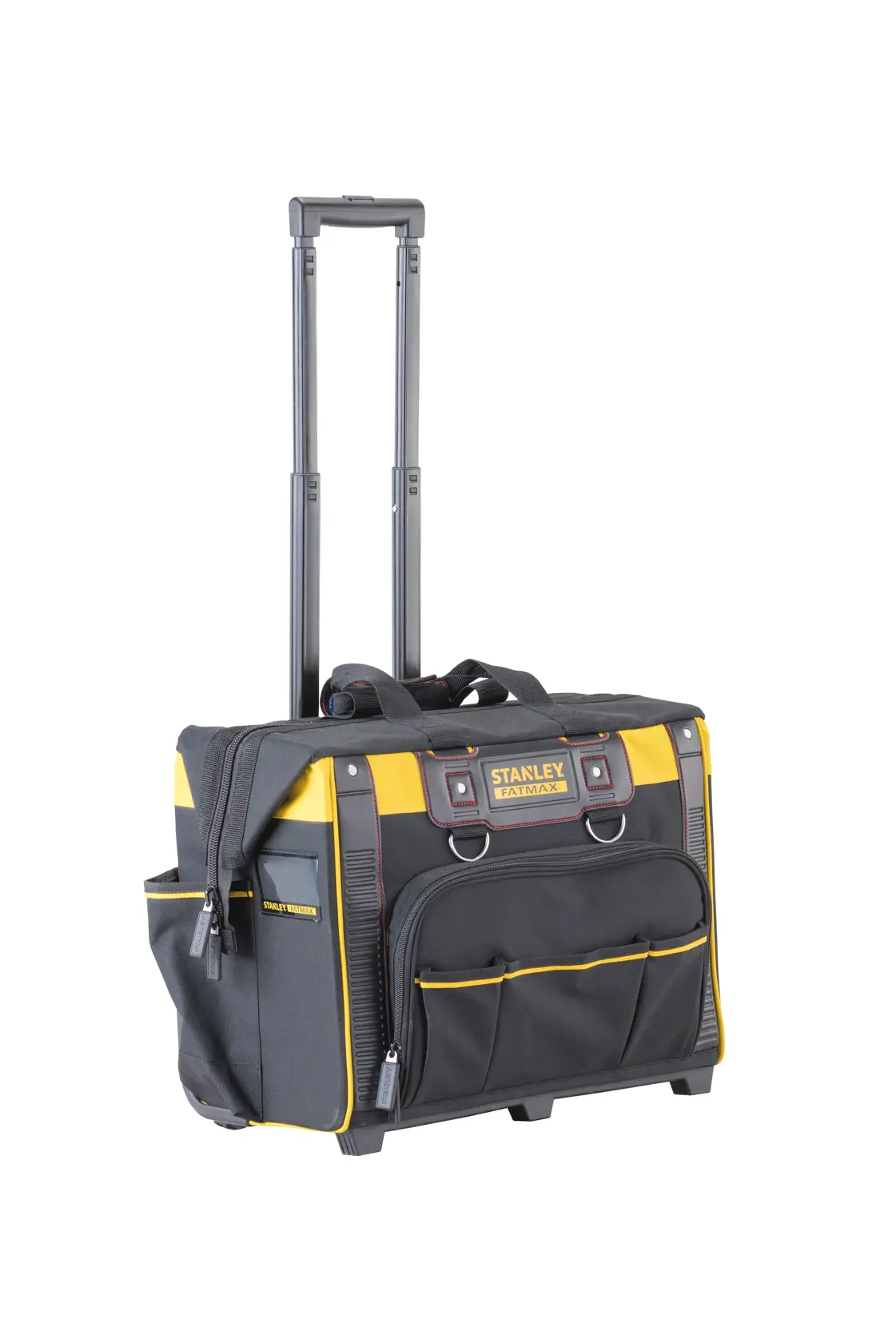 Stanley Fatmax rolling tool bag with telescopic handle, black and yellow, front pockets, on white background.