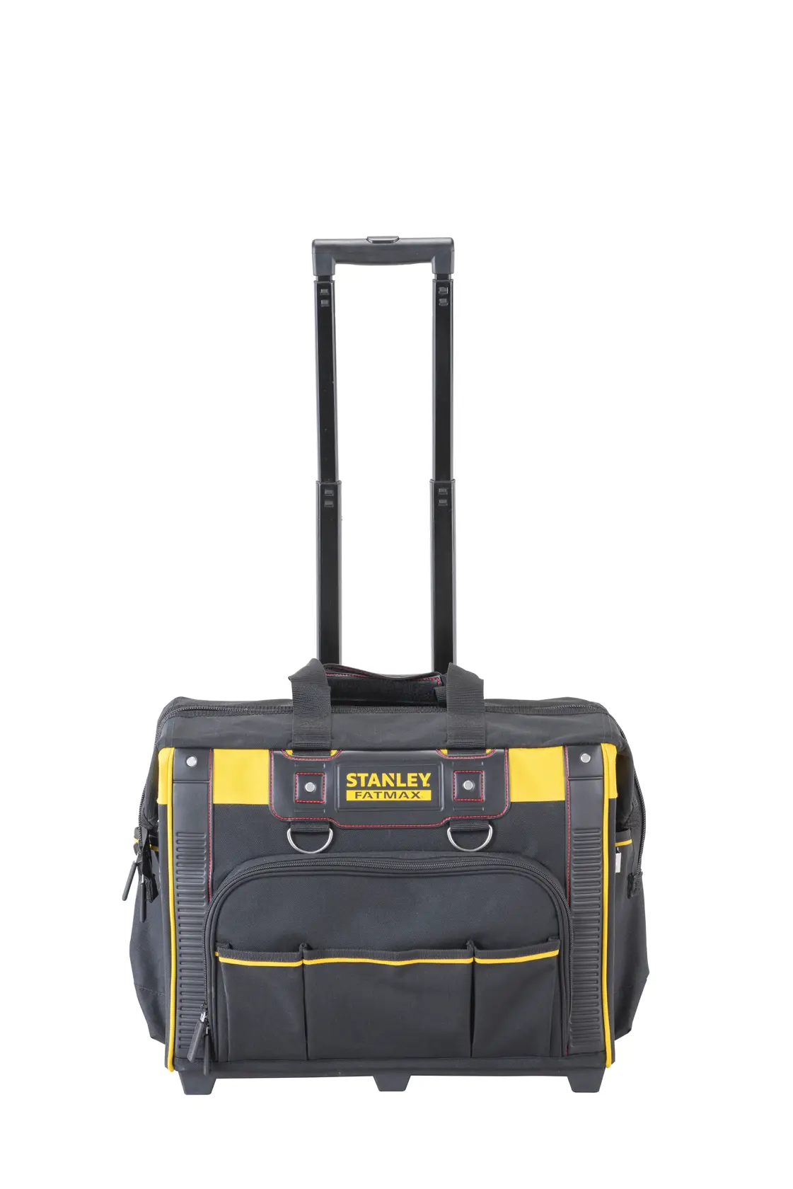 STANLEY FMST1-80148 tool bag with wheels and telescopic handle, black and yellow, front view on white background.