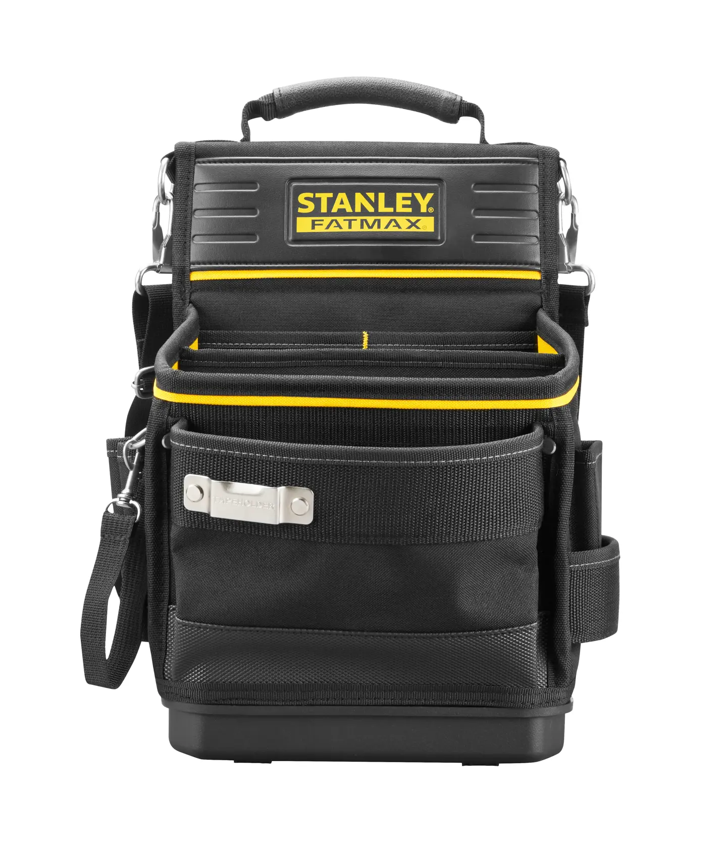 STANLEY FMST17624-1 tool bag, black nylon with yellow accents, front view, multiple pockets.