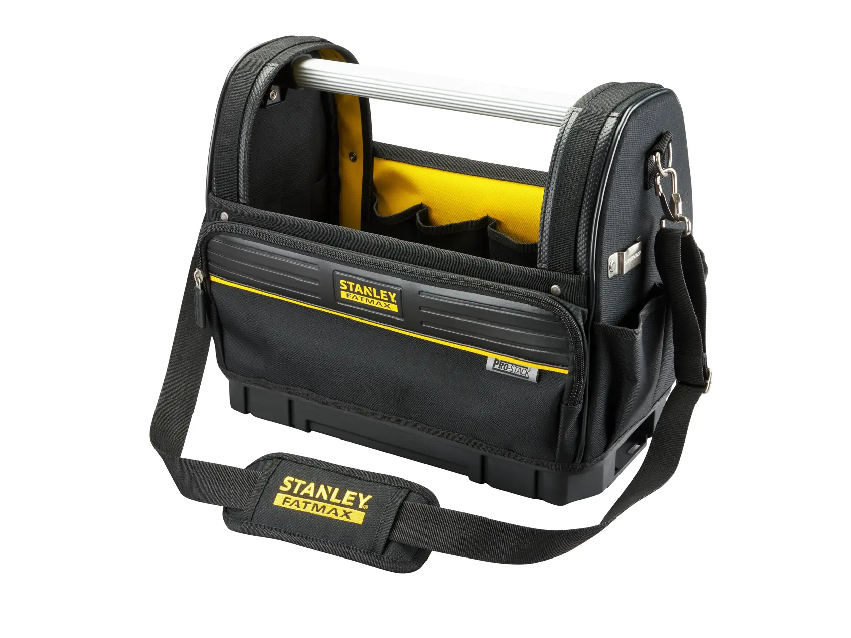 STANLEY FMST17626-1 black and yellow open tool bag with shoulder strap, metal handle, and front pockets, front angle.