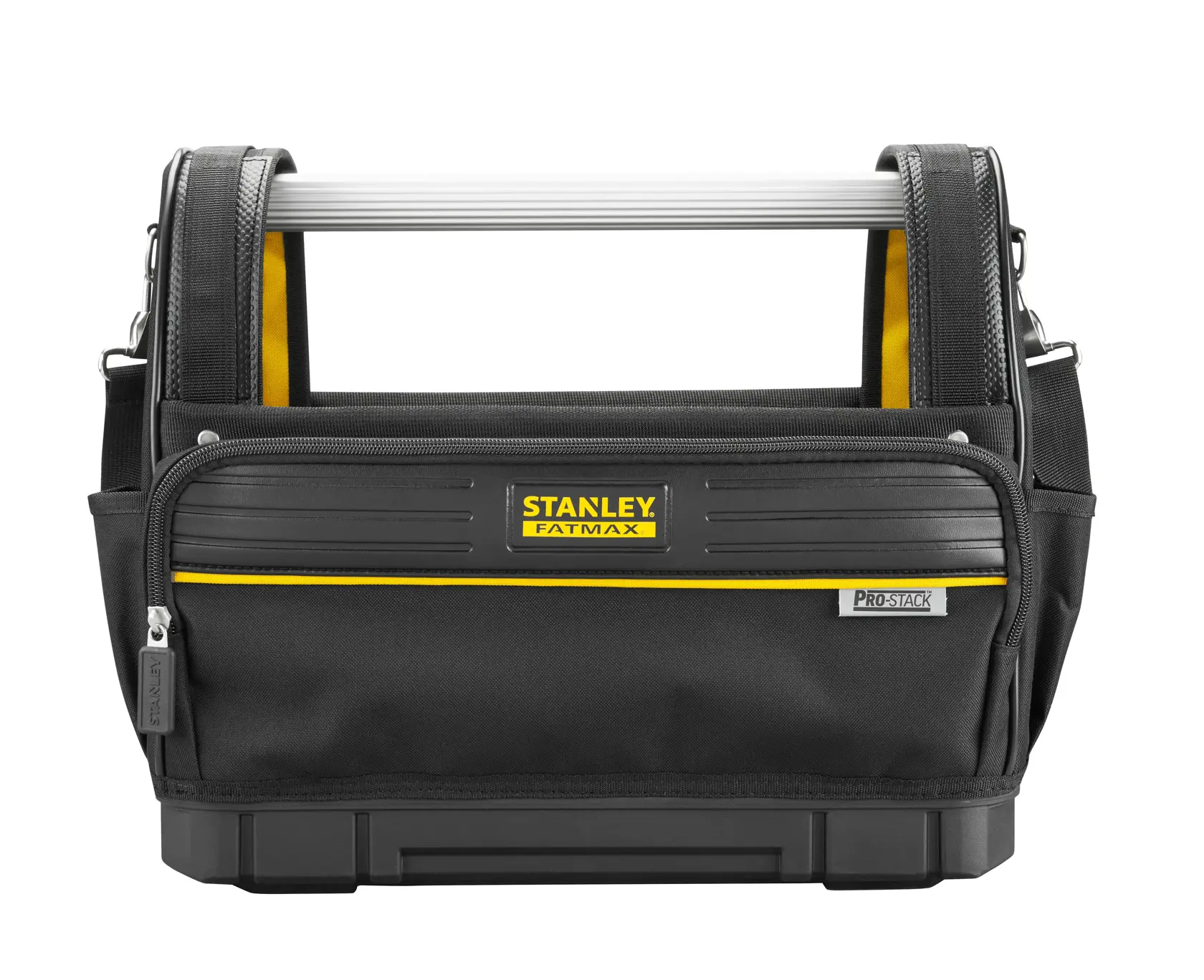 Photo of STANLEY FMST17626-1 tool bag, black fabric, yellow accents, front angle, sturdy handle, zippered pocket.