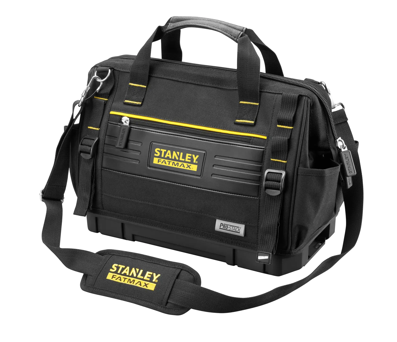 Stanley FMST17627-1 tool bag in black, front angle, with shoulder strap and yellow accents.
