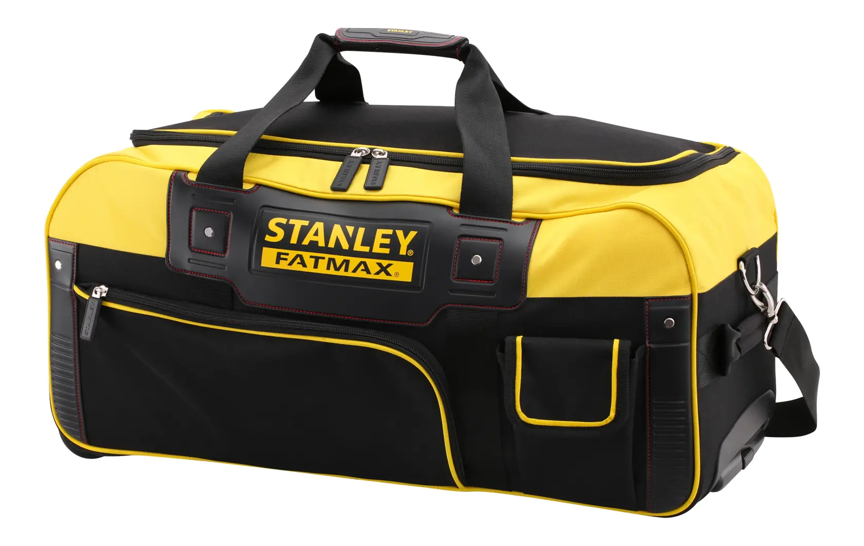 STANLEY FMST82706-1 tool bag, black and yellow fabric, large main compartment, front and side pockets, angled view.
