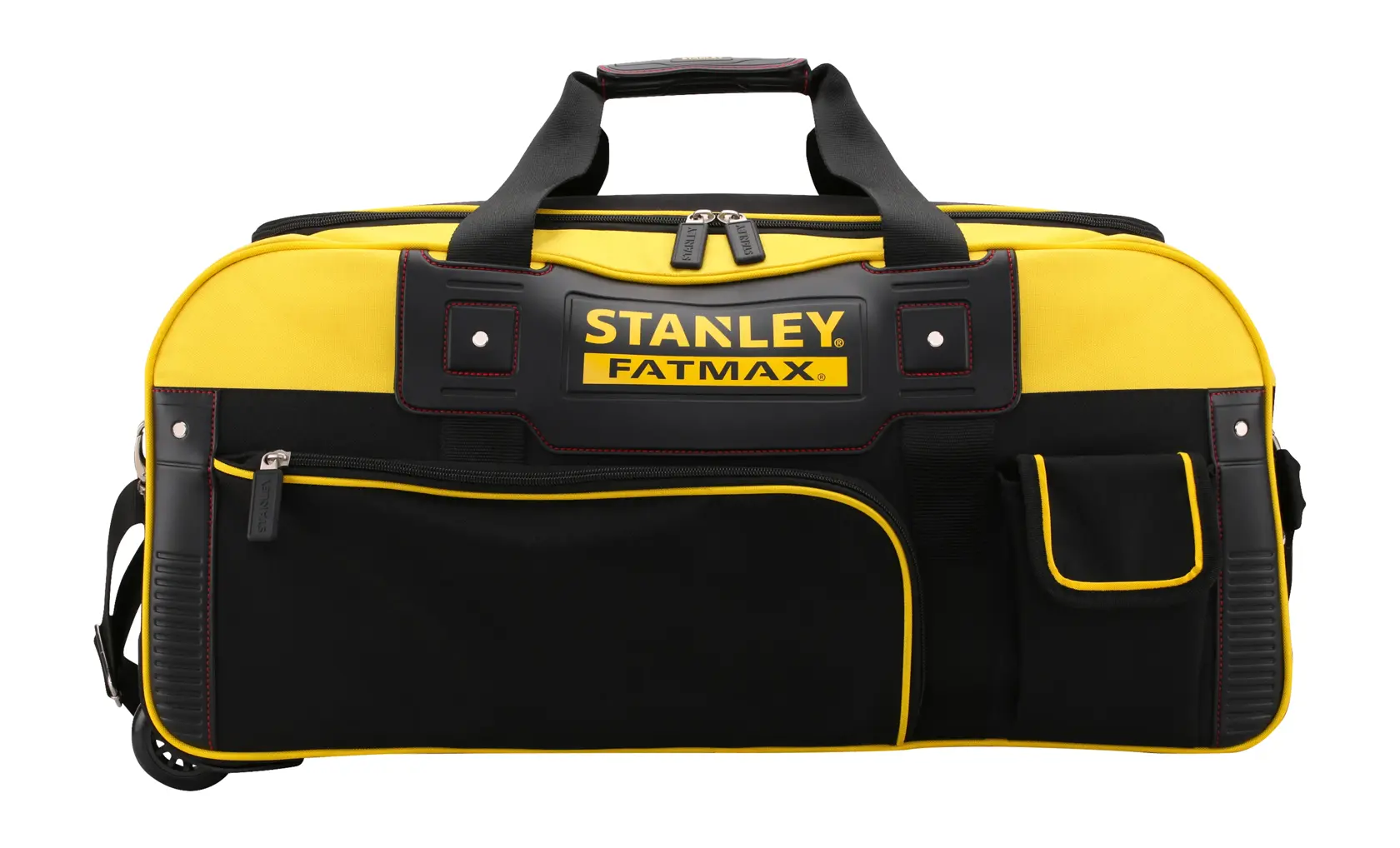 Photo of STANLEY FMST82706-1 tool bag, black and yellow, front view with multiple pockets and carrying handles.
