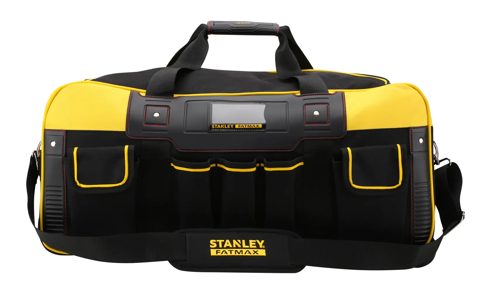 STANLEY FMST82706-1 tool bag, yellow and black, front view with multiple exterior pockets and handles.