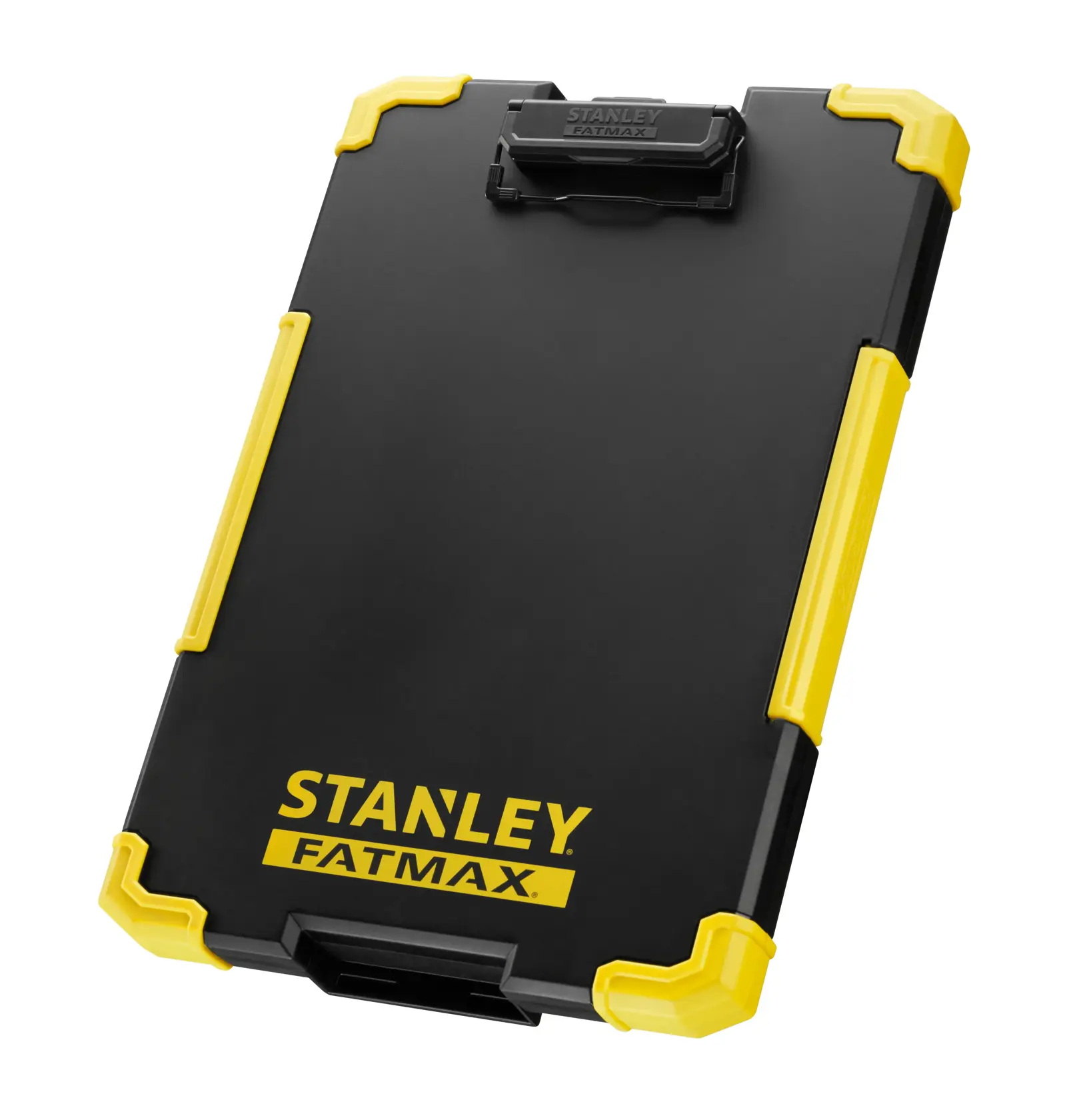 STANLEY FMST82721-1 black and yellow clipboard angled on white background, rugged corners, FATMAX logo visible.