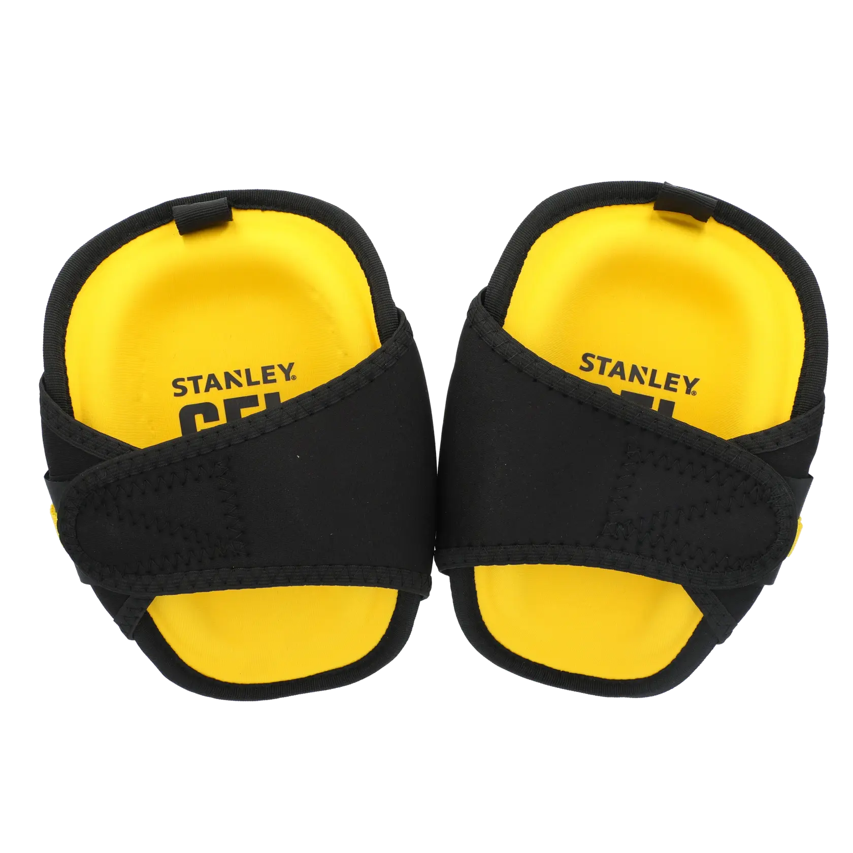 STANLEY FMST82960-1 photography of black and yellow gel knee pads, top view, on a white background.