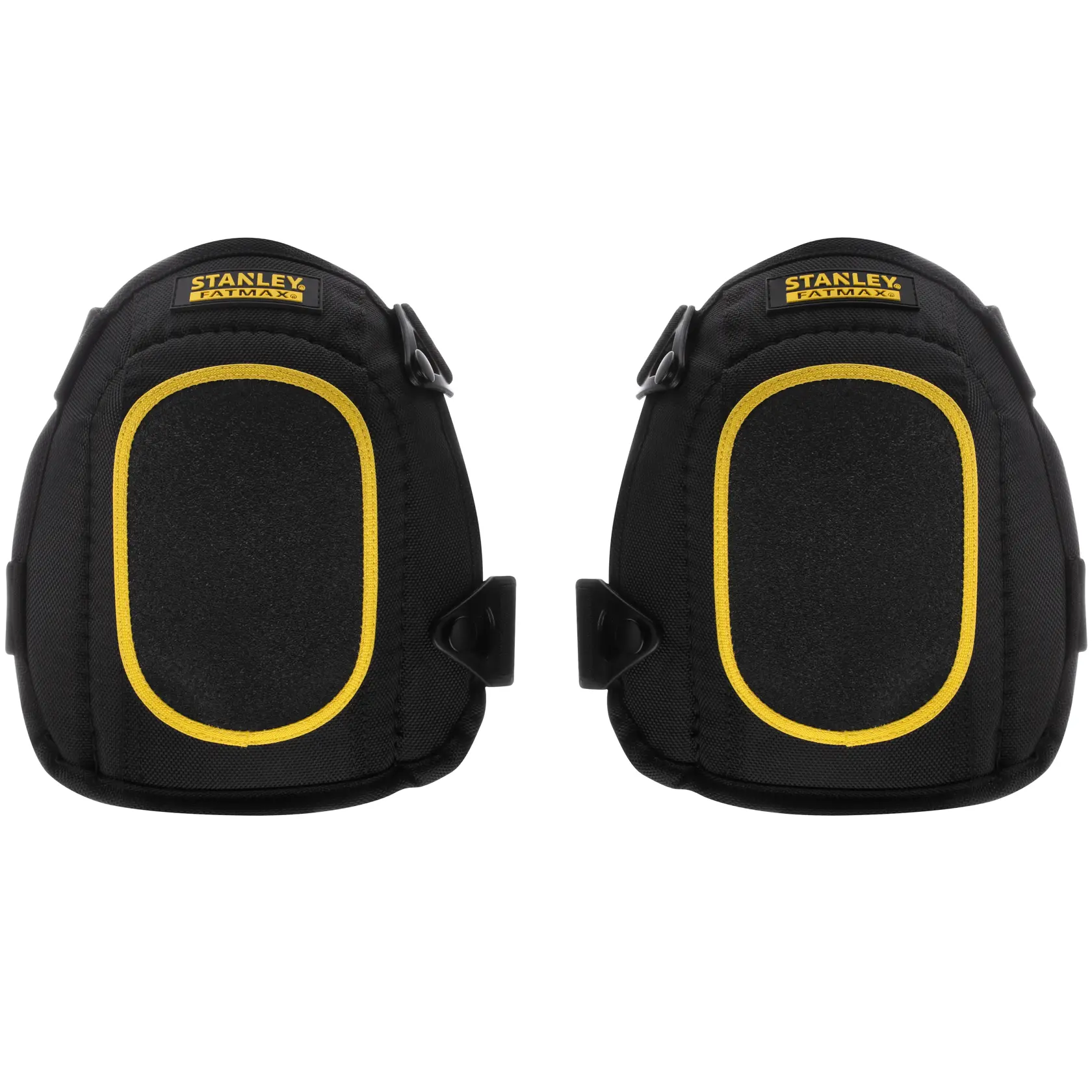 STANLEY FMST82962-1 black knee pads with yellow trim, front angle, protective gear category.