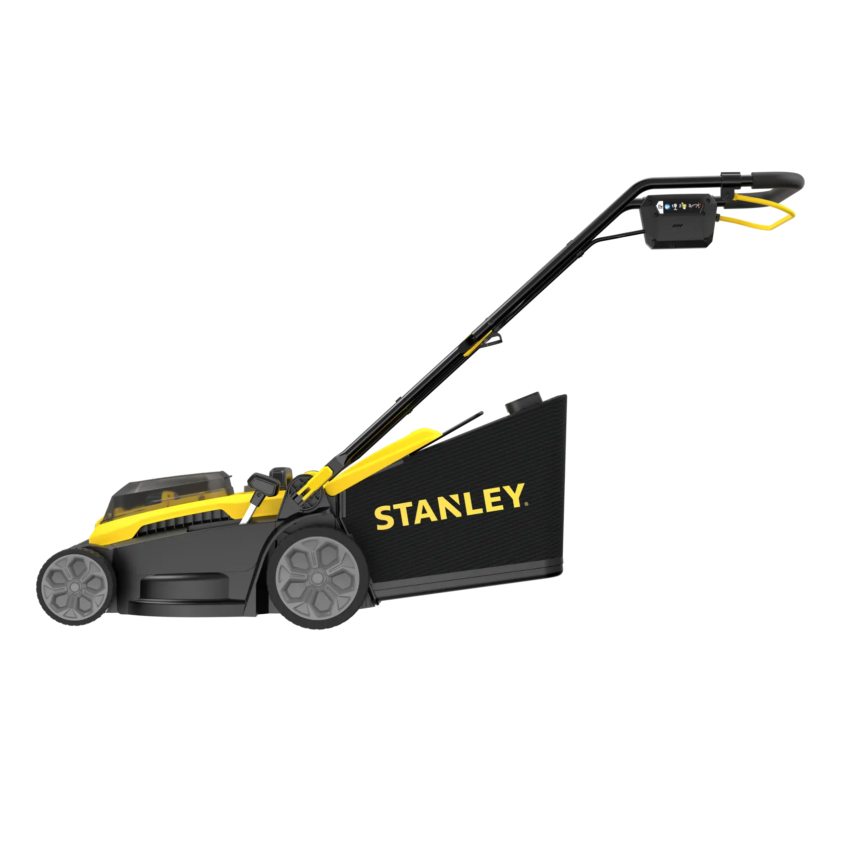 STANLEY SCMWP3401M1-XE lawn mower, black and yellow, side view on white background.