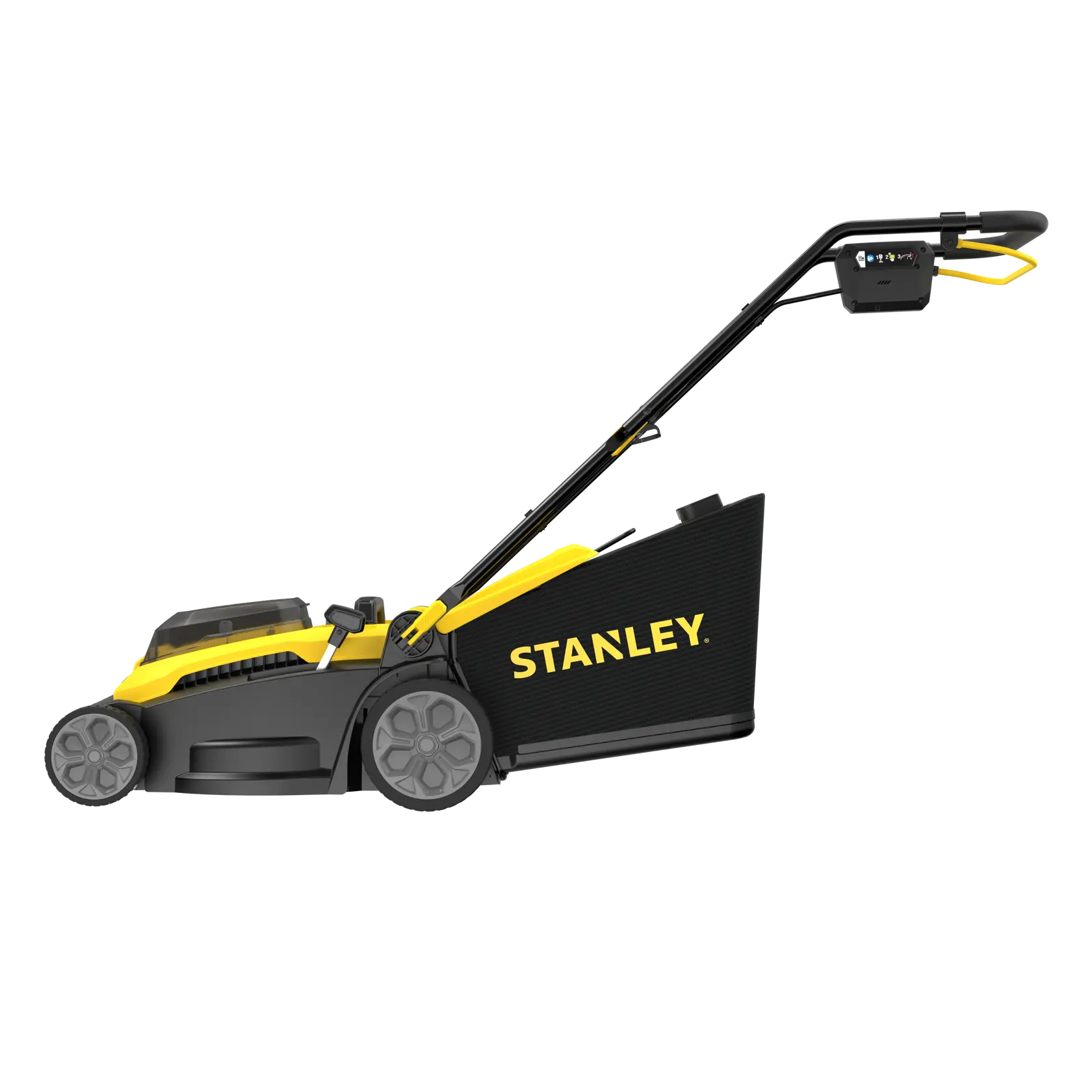 STANLEY SCMWP3701N electric lawn mower, black and yellow, left side view, with grass collection bag.