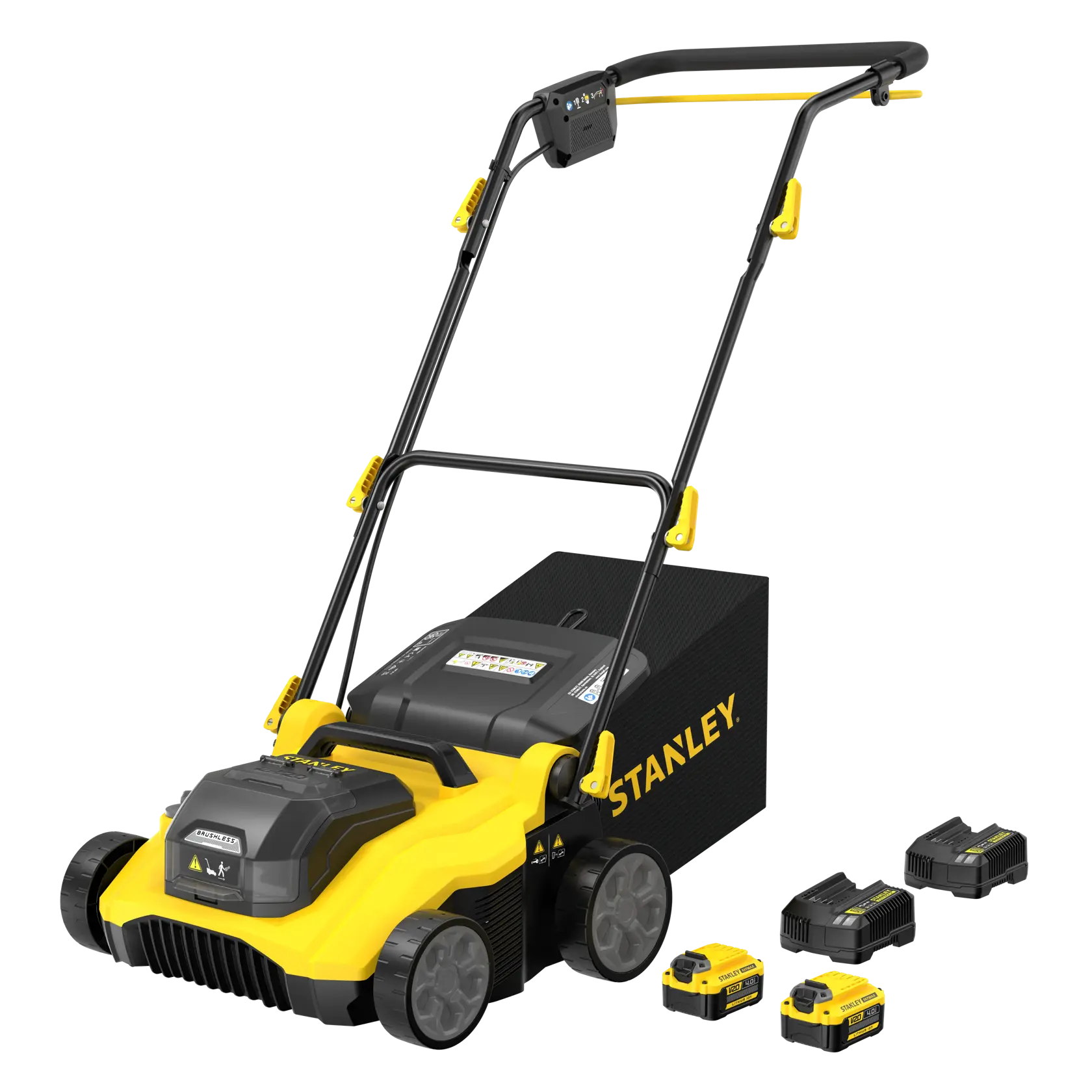 Photo of STANLEY SCOEP3801M2 cordless lawn mower with yellow and black body, batteries and chargers, front angle.