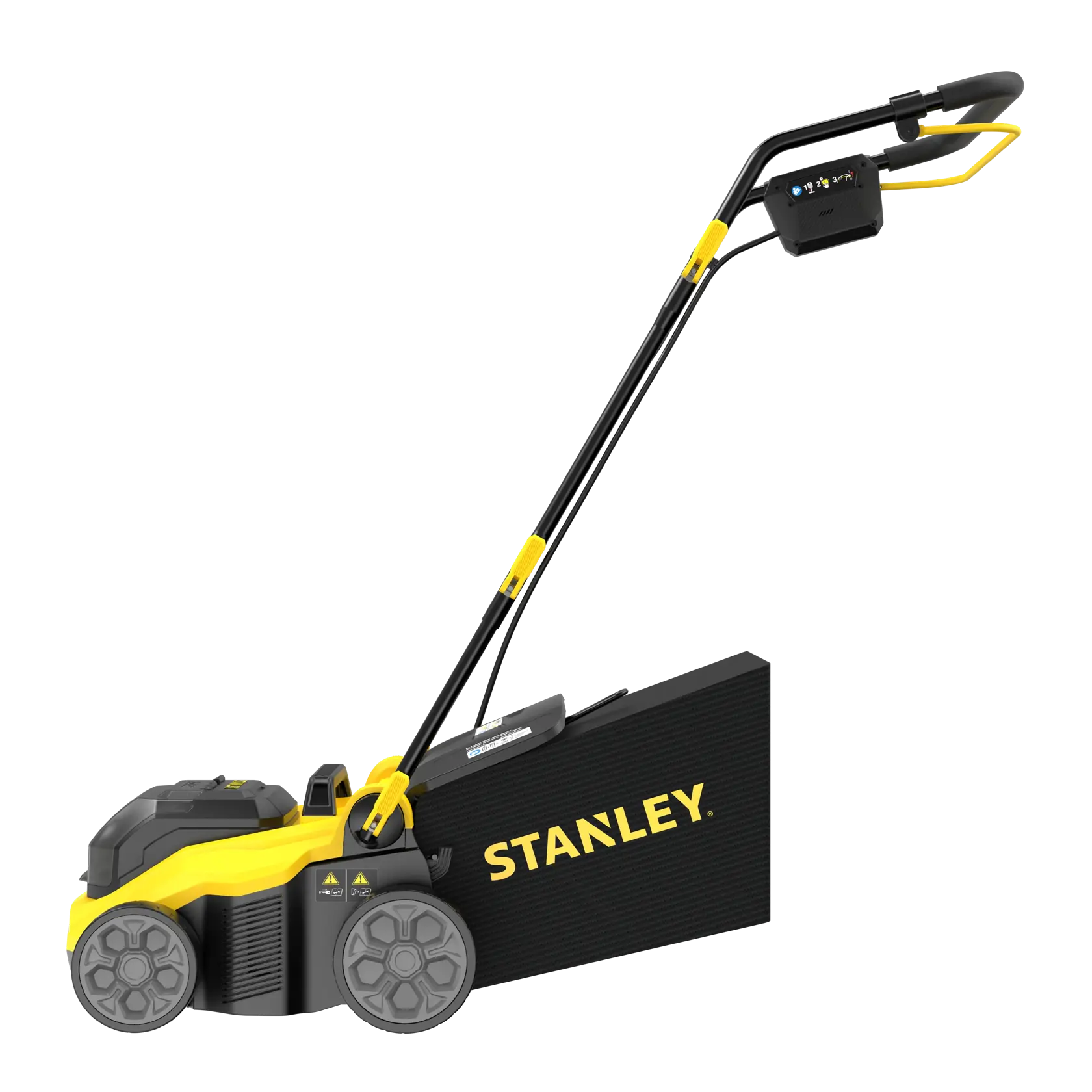 Photo of STANLEY SCOEP3801N lawn mower, side angle, black and yellow design, large wheels, grass collection bag.