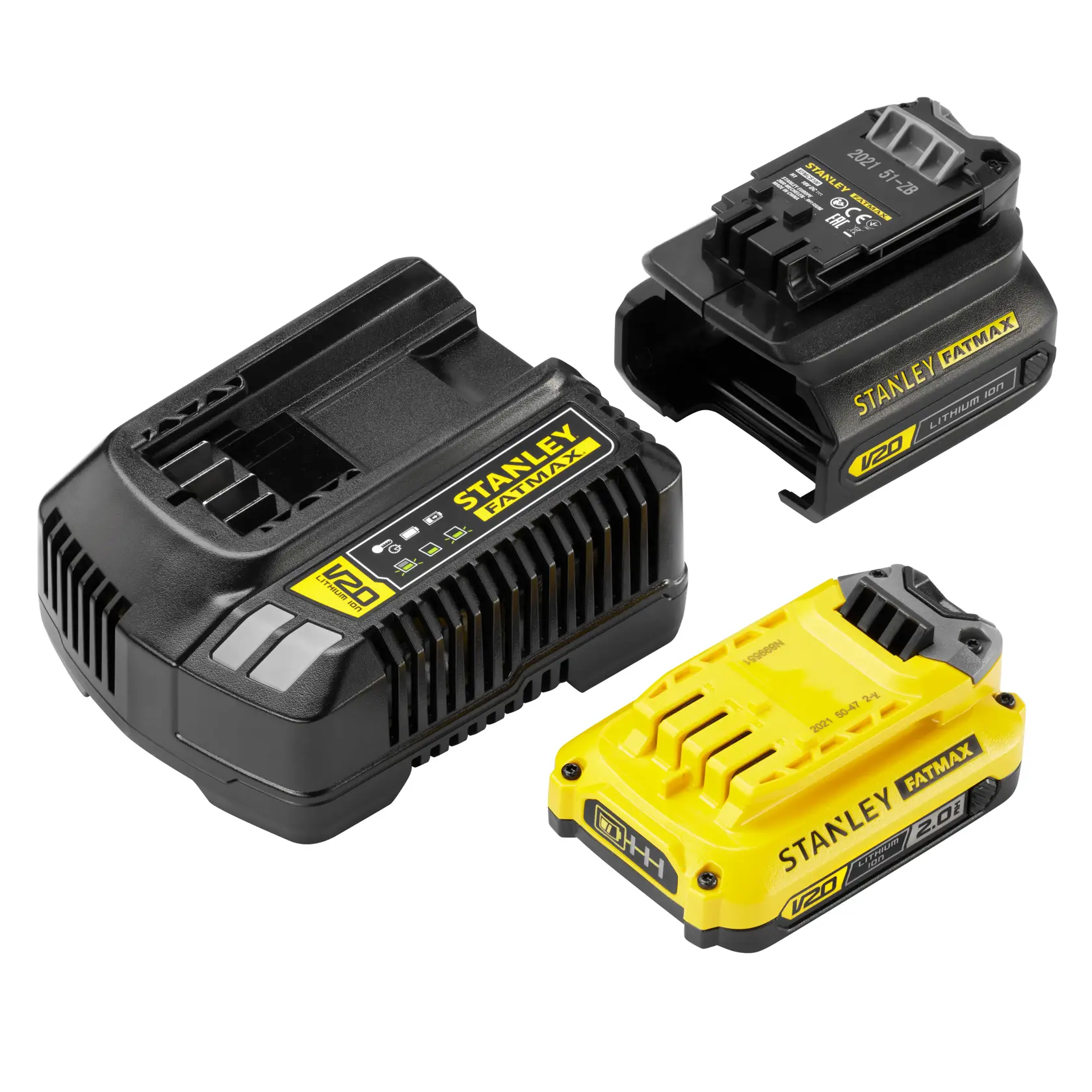 Photo of STANLEY SFMCB121D1 V20 battery charger and batteries set, black and yellow, product angle view.