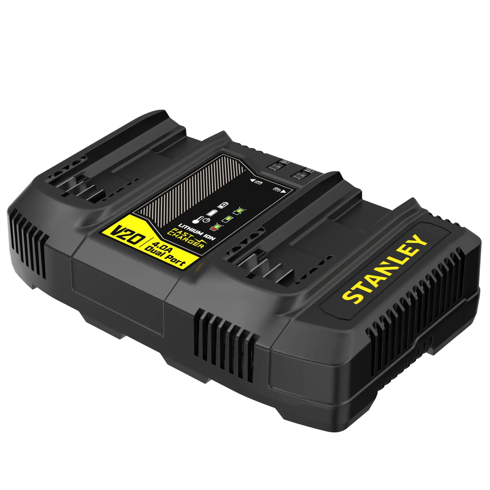 Photo of STANLEY SFMCB24 dual port fast charger, black with yellow labels, front angled on white background.