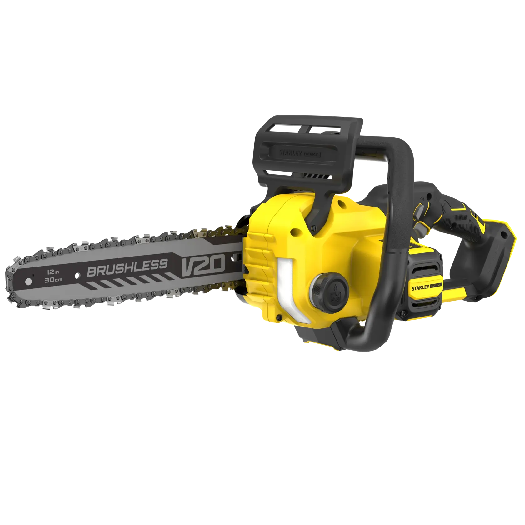 Photo of STANLEY SFMCCS730B cordless yellow and black brushless chainsaw, angled view, V20 series.