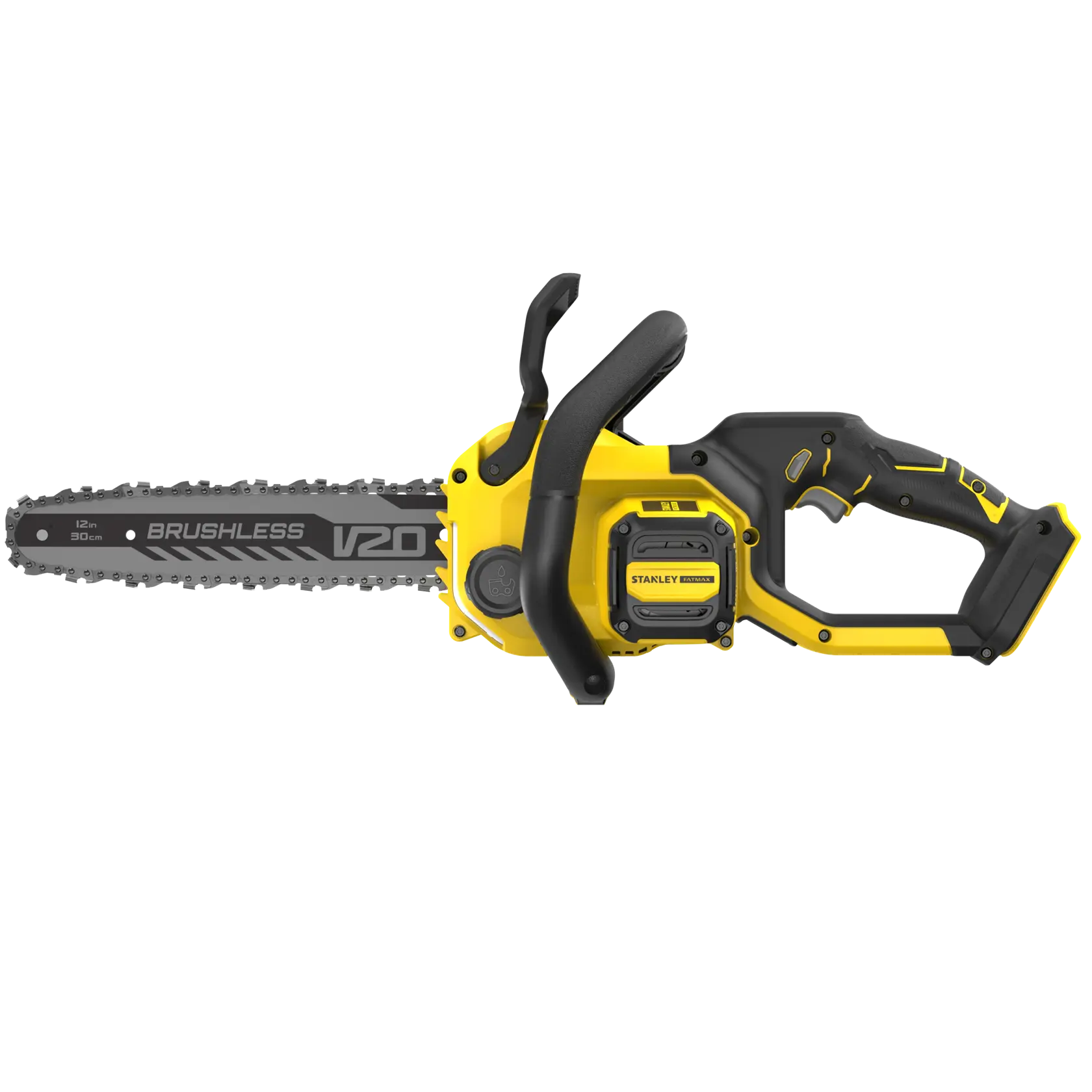 STANLEY SFMCCS730B chainsaw, V20 brushless, yellow and black body, side view on white background.